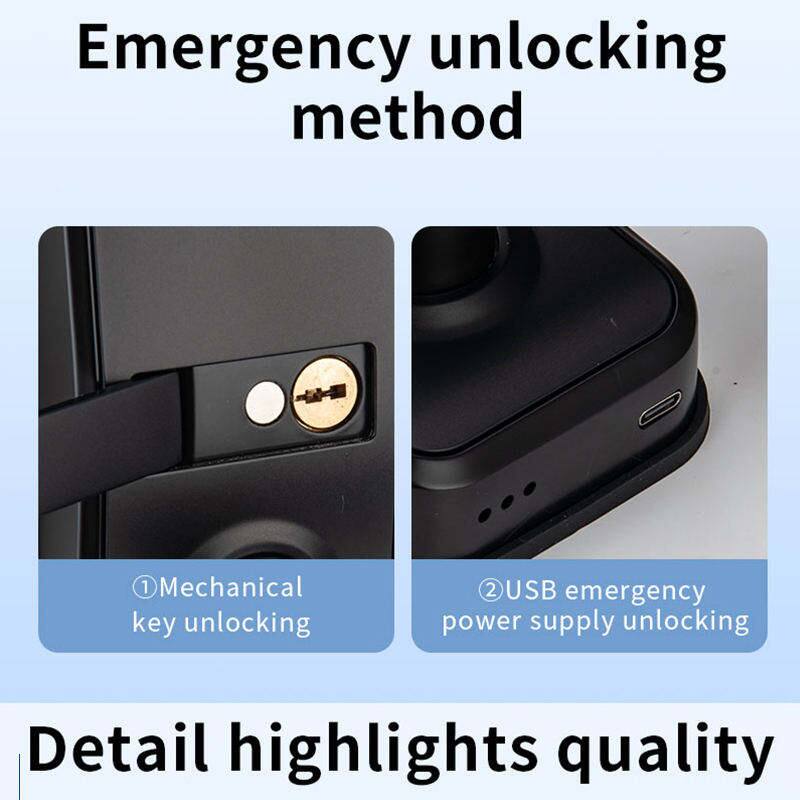 Emergency unlocking method  
1. Mechanical key unlocking  
2. USB emergency power supply unlocking  

Detail highlights quality