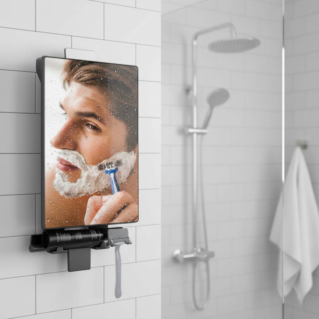 Alt View 1. Dazzed Corner - Fogless Shower Mirror with Water Tank, Adhesive Hook, Razor Holder & Squeegee - Black.