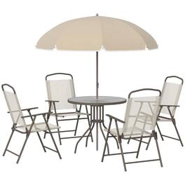 Resenkos - 6 Pieces Patio Dining Set, Four Chairs, A Round Glass Table, Umbrella, Steel, Mesh, Glass - Beige