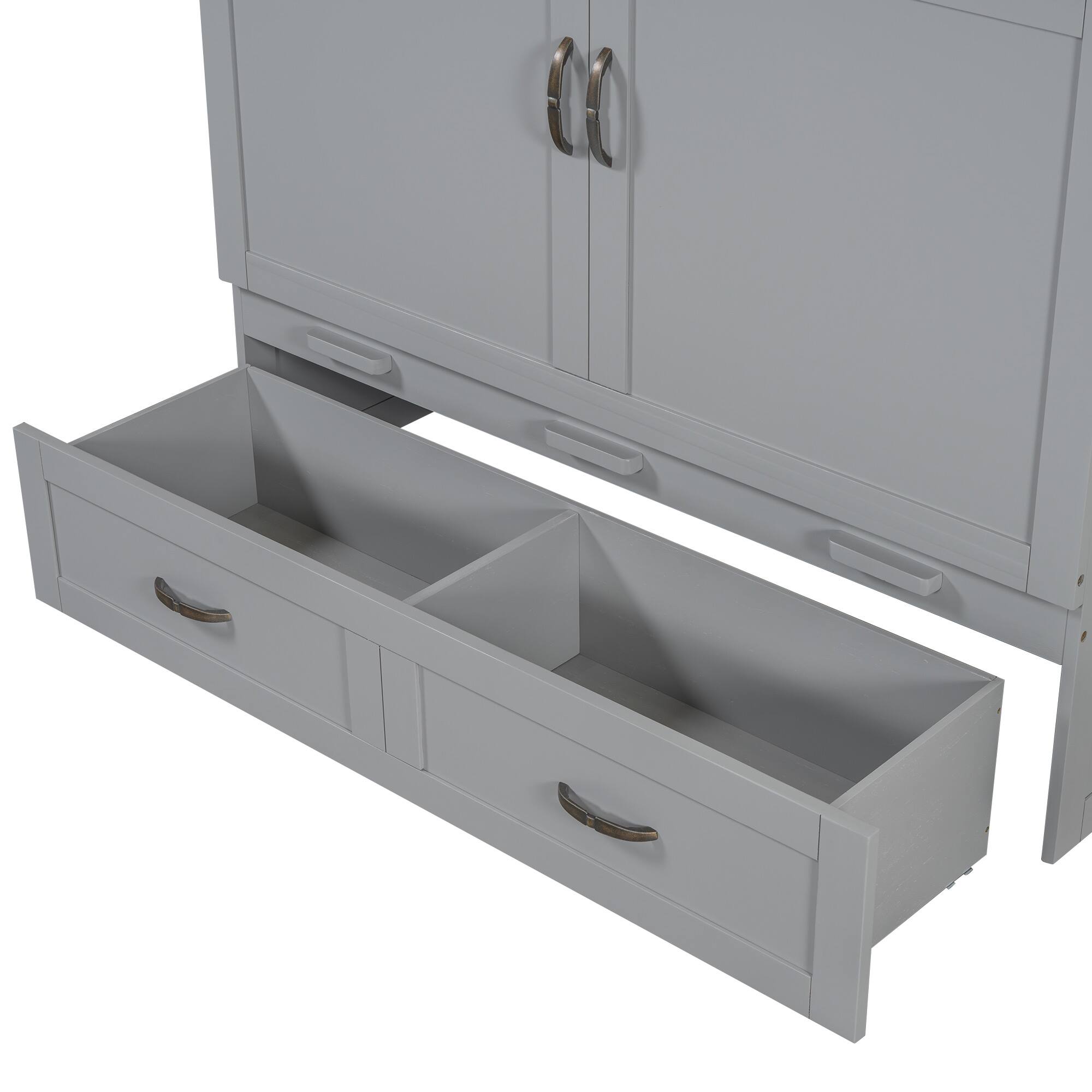 Alt View 8. Tiramisubest - Full Size Gray Murphy Bed with USB Ports, Drawers & Metal Handles, Solid Wood + MDF - Gray.
