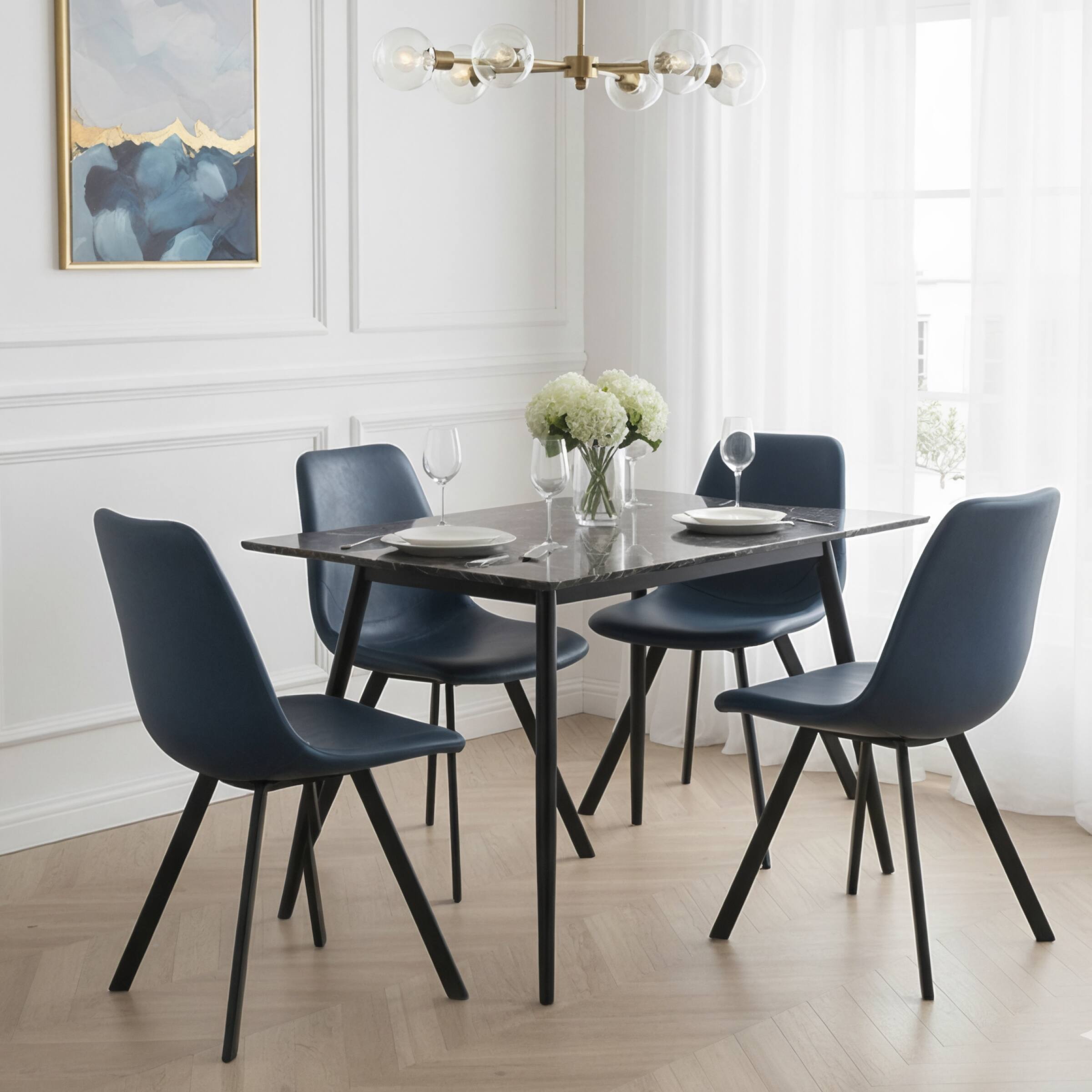 Angle. LeisureMod - Markley 4-PCS Mid-Century Modern Leather Upholstered Desk Chair for Kitchen, Dining & Office - Peacock Blue.