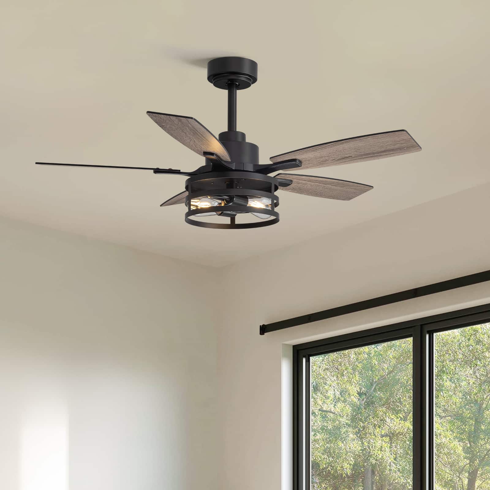 Siljoy - 42-Inch Rustic Cage Ceiling Fan 5 Blades Industrial Metal Design App & Remote Control for Living Room Bedroom Patio - Black