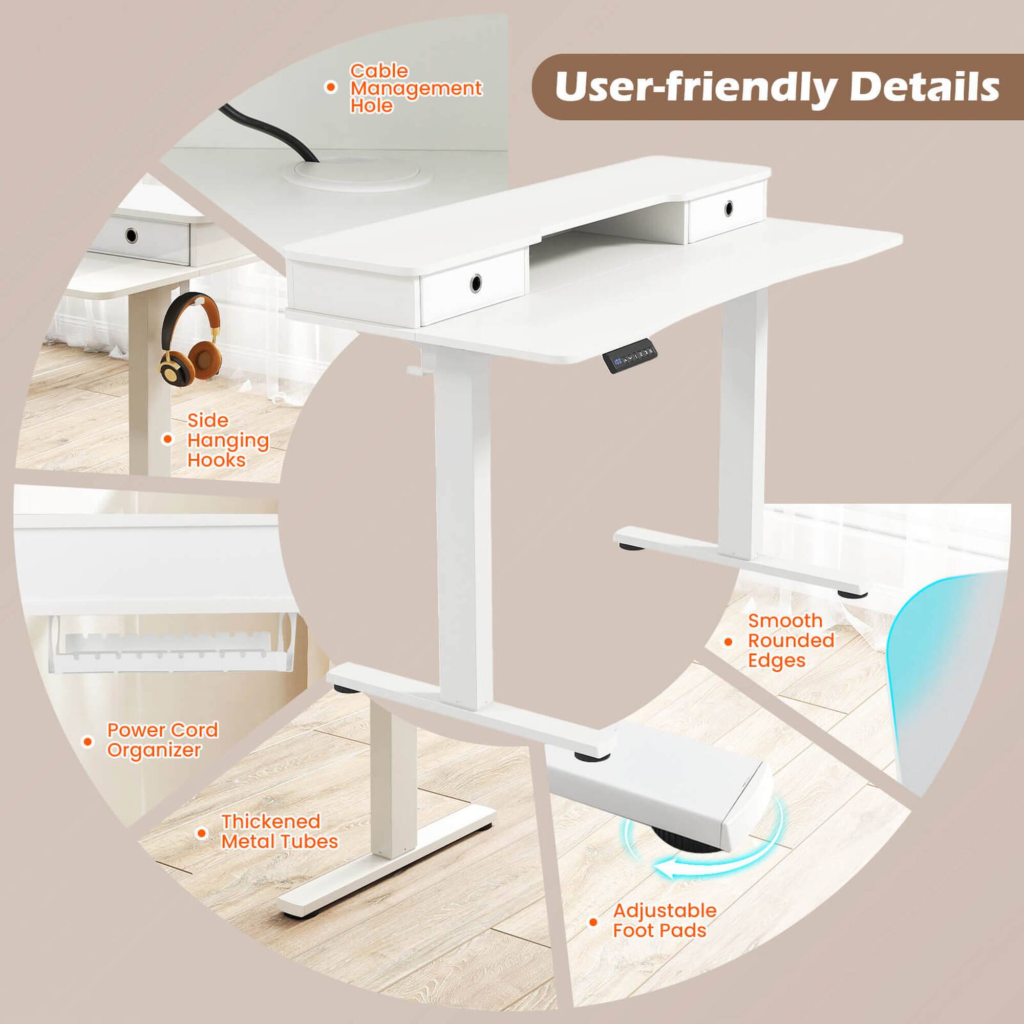 User-friendly Details

- Cable Management Hole
- Side Hanging Hooks
- Power Cord Organizer
- Thickened Metal Tubes
- Smooth Rounded Edges
- Adjustable Foot Pads