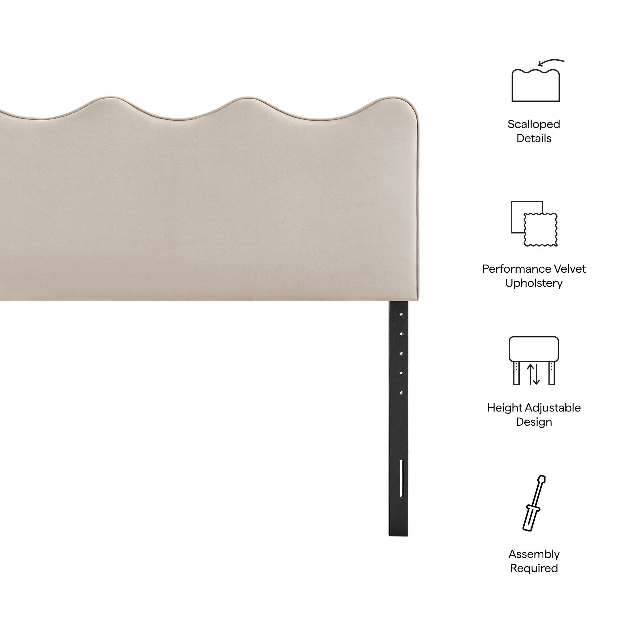 Scalloped Details  
Performance Velvet Upholstery  
Height Adjustable Design  
Assembly Required