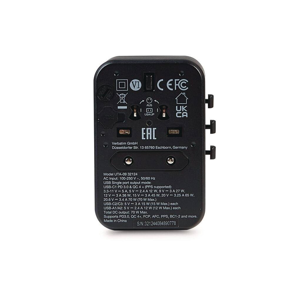Verbatim GmbH  
Düsseldorf Str. 13, 65760 Eschborn, Germany  

Model UTA-09 32124  
AC Input: 100-250 V - 50/60 Hz  

USB Single port output mode:  
USB-C1 PD 3.0 & QC 4+ (PPS supported):  
3.3-11 V 5 A 5 W  
5 V - 2.4 A 12 W  
12 V - 3 A 36 W  
15 V - 3 A 45 W  
20 V - 3.25 A 65 W  
20.6 V - 3.4 A 70 W (70 W Max.)  

USB-C2/C3: 5 V 3 A 15 W (15 W Max.) each  
USB-A1/A2: 5 V 2.4 A 12 W (12 W Max.) each  

Total DC output: 70 W Max.  

Supports PD3.0, QC 4+, FCP, AFC, PPS, BC1-2