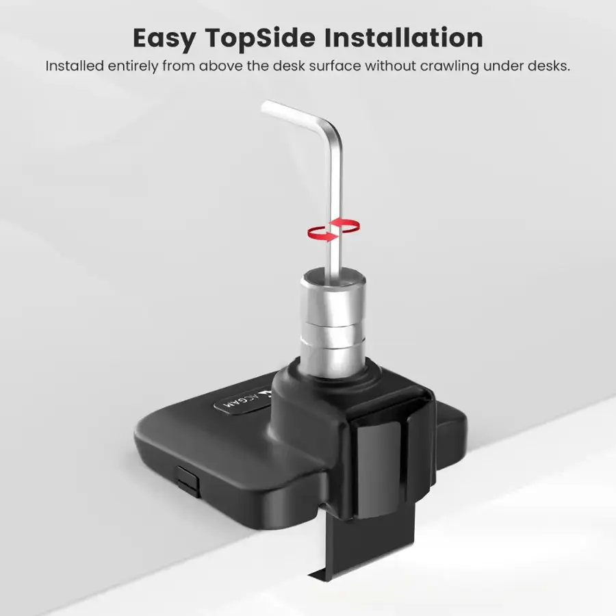 Easy TopSide Installation: Installed entirely from above the desk surface without crawling under desks.