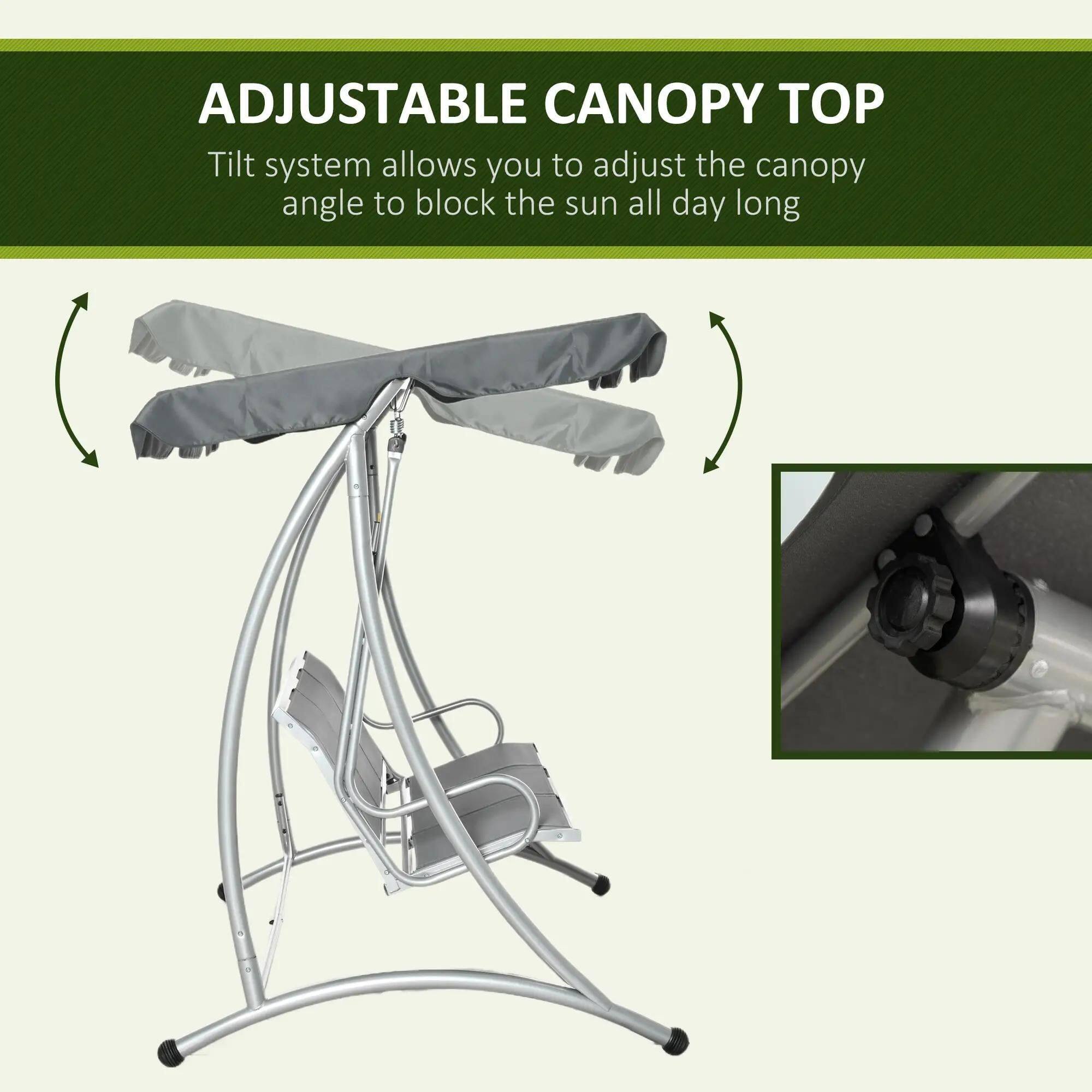 The text in the image can be grouped and corrected as follows:

**ADJUSTABLE CANOPY TOP**

Tilt system allows you to adjust the canopy angle to block the sun all day long.