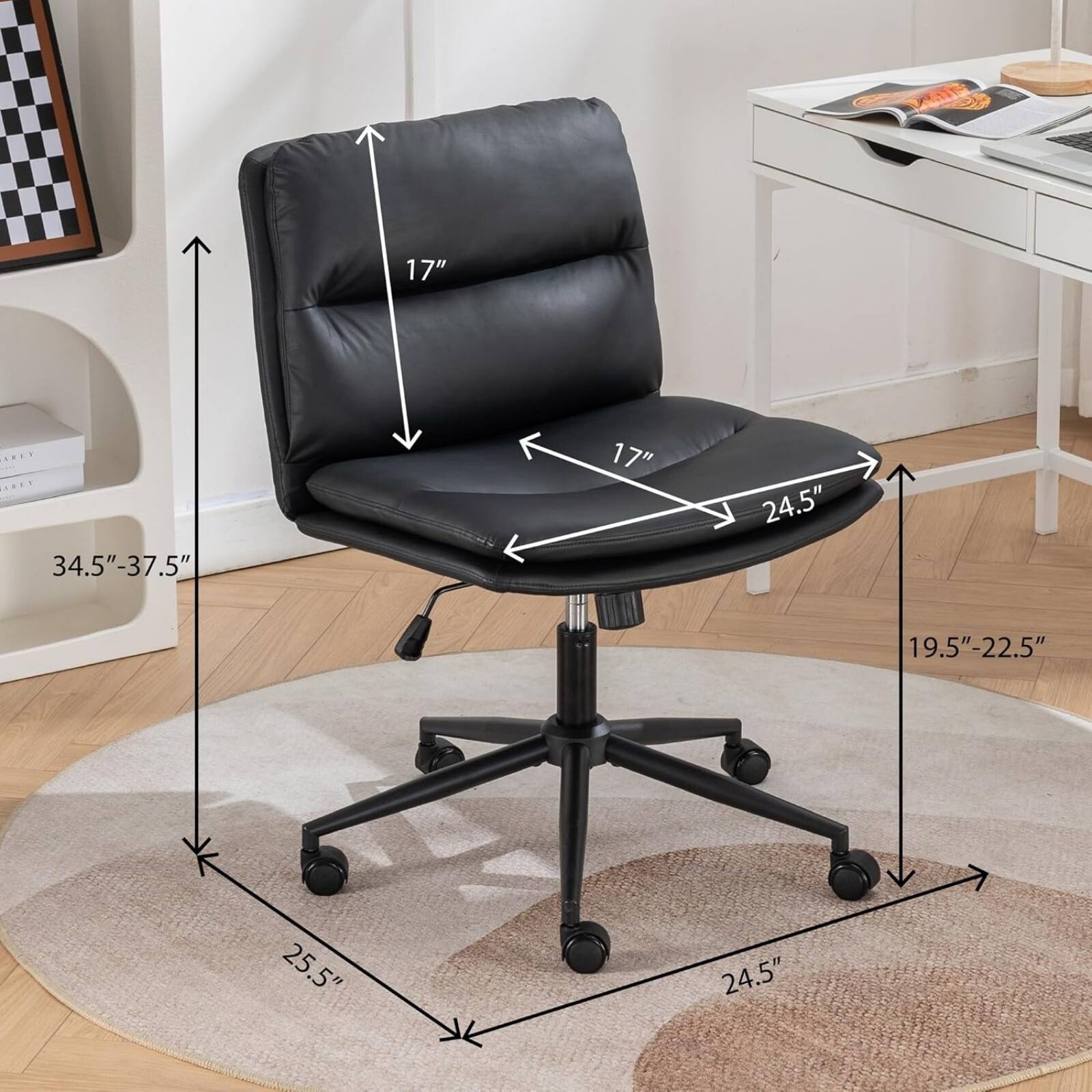 Sure, here is the corrected and grouped text from the image:

- **Seat Depth:** 17"
- **Seat Width:** 24.5"
- **Back Height:** 17"
- **Overall Width:** 34.5" - 37.5"
- **Overall Depth:** 25.5"
- **Overall Height:** 24.5"
- **Armrest Height:** 19.5" - 22.5"