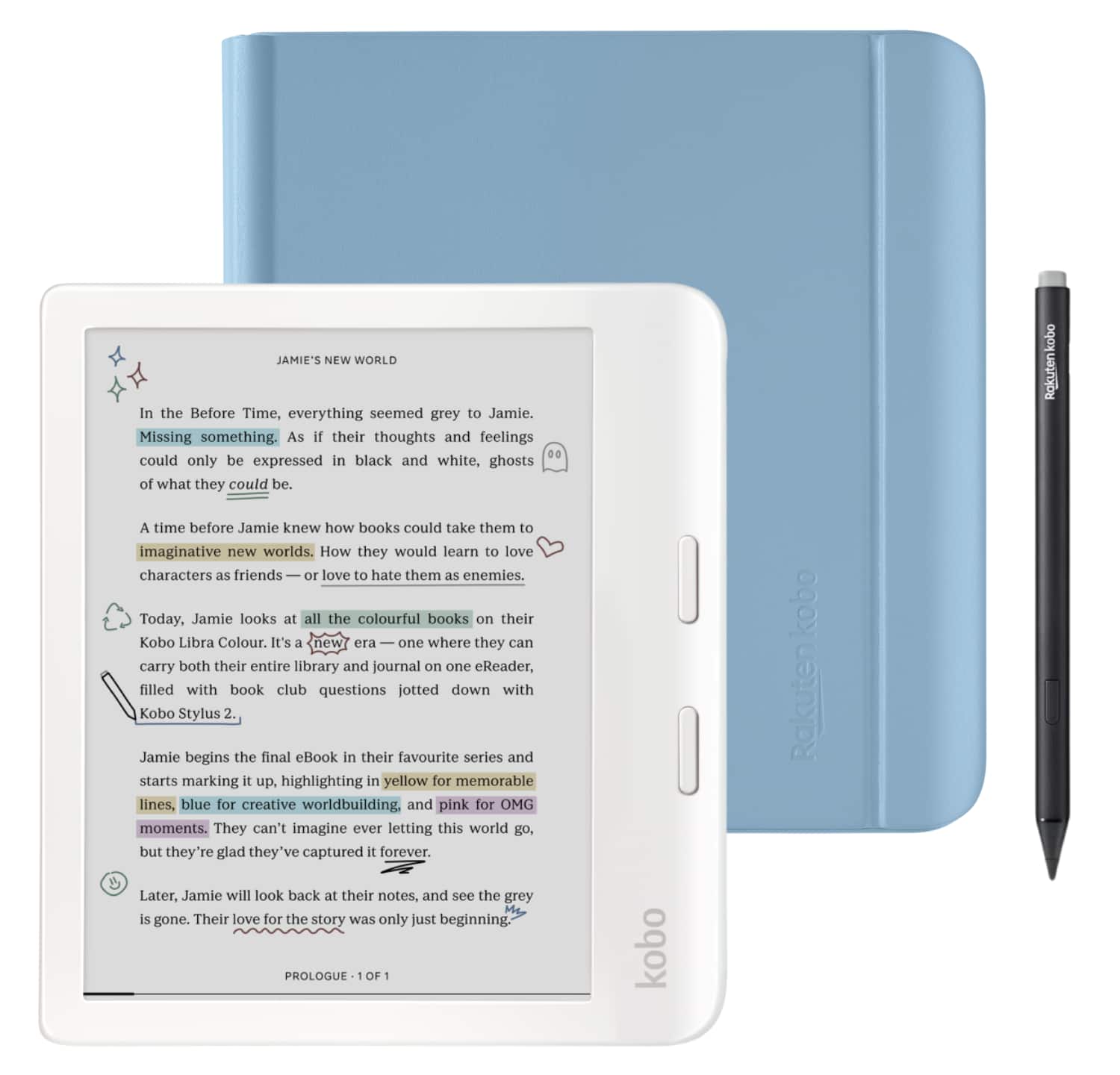 Kobo - Libra Colour (White) eReader with Black Stylus 2Gen Bundle - 2024 - Dusk Blue Notebook SleepCover
