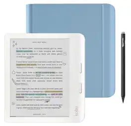 Kobo - Libra Colour (White) eReader with Black Stylus 2Gen Bundle - 2024 - Dusk Blue Notebook SleepCover