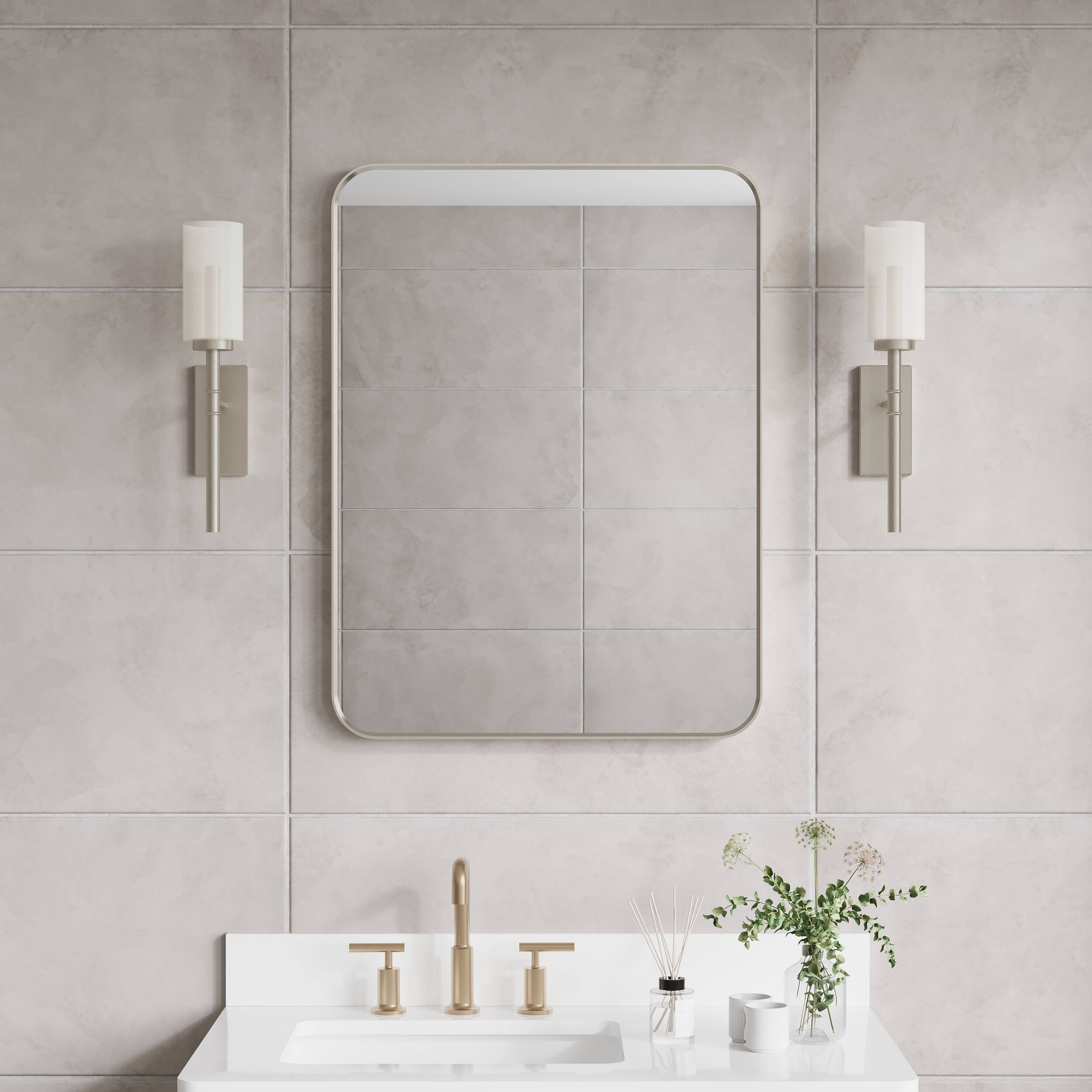 Left. WELLFOR - 24 in. W x 32 in. H Rectangular Aluminum Framed Wall-Mounted Bathroom Vanity Mirror - Brushed Nickel.
