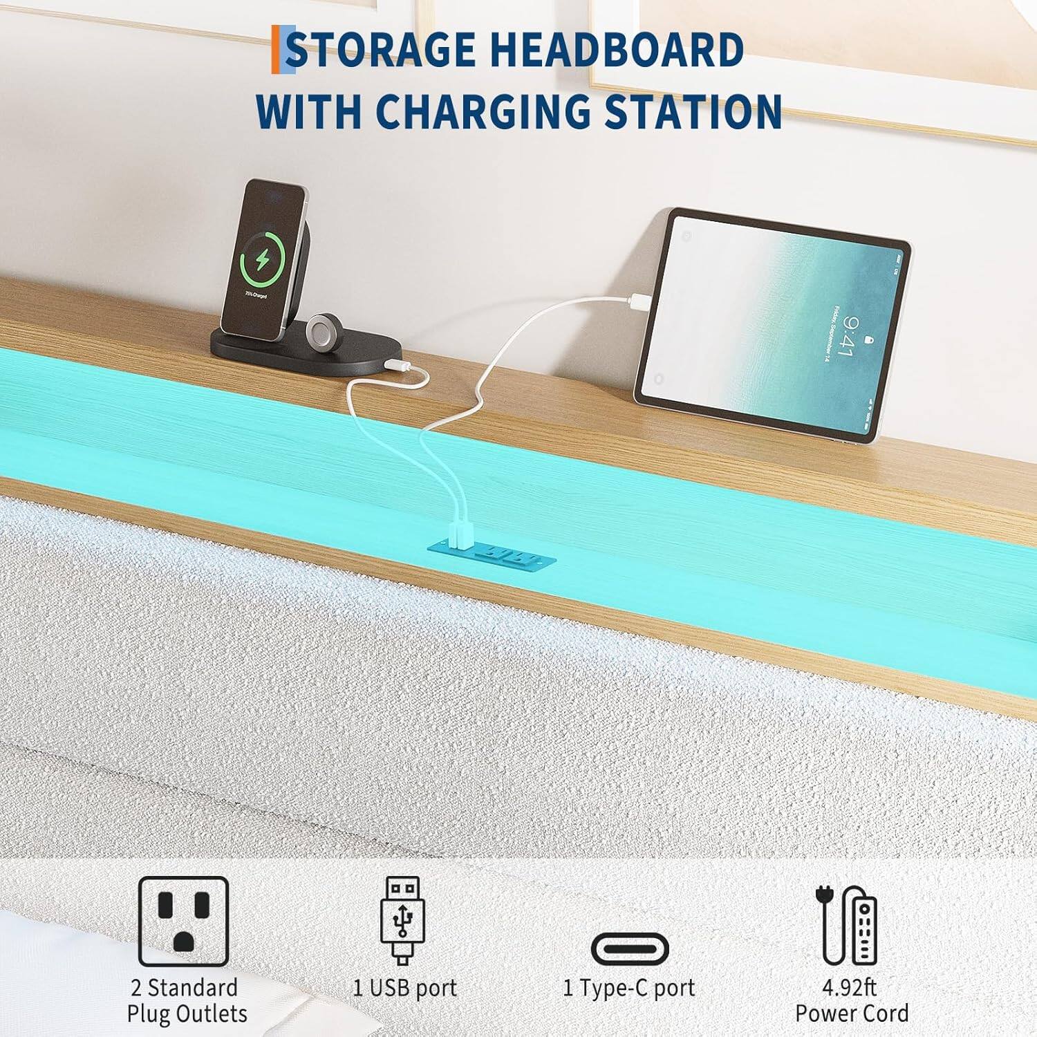 STORAGE HEADBOARD WITH CHARGING STATION

- 2 Standard Plug Outlets
- 1 USB port
- 1 Type-C port
- 4.92ft Power Cord