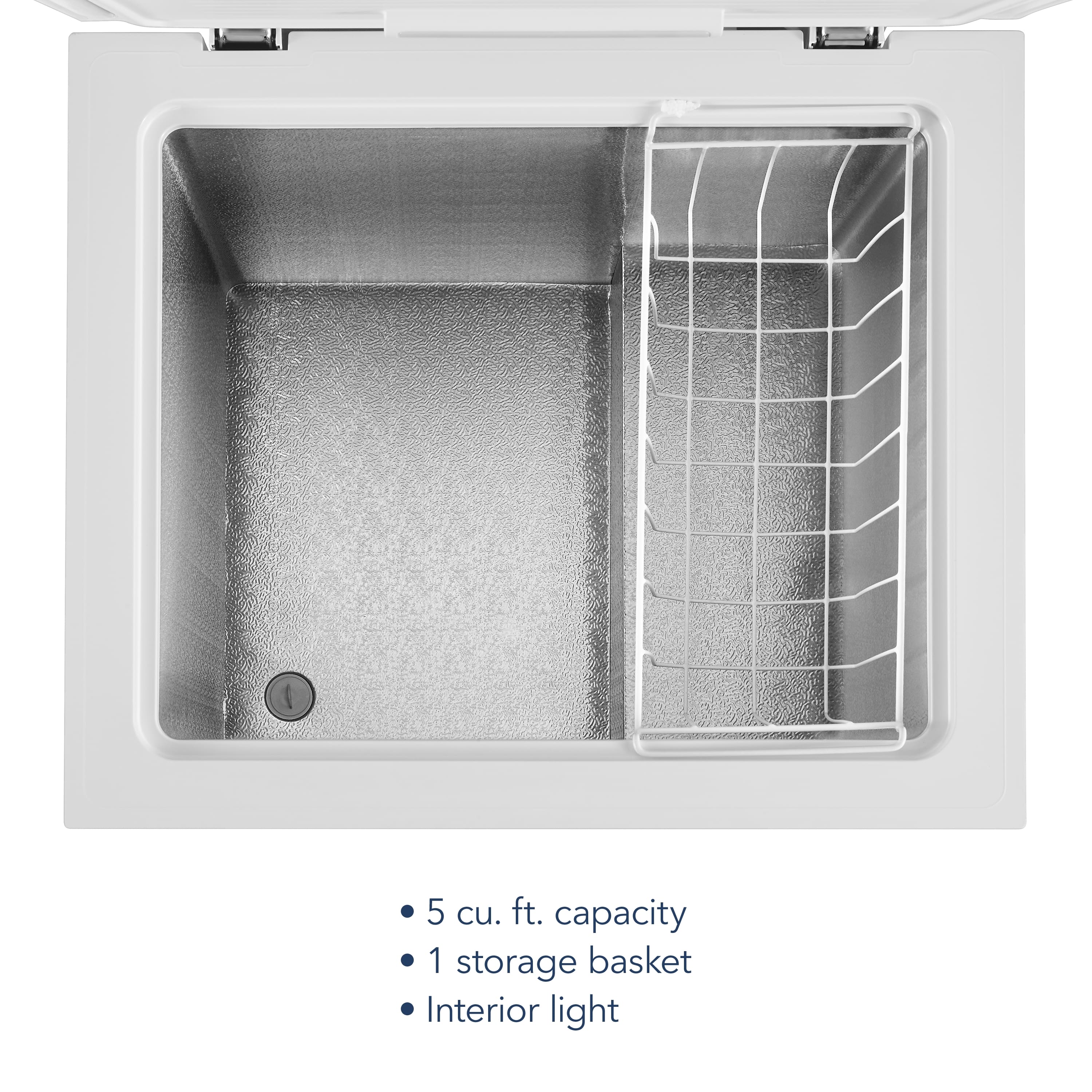 The text on the image reads: "5 cu. ft. capacity 1 storage basket Interior light."
