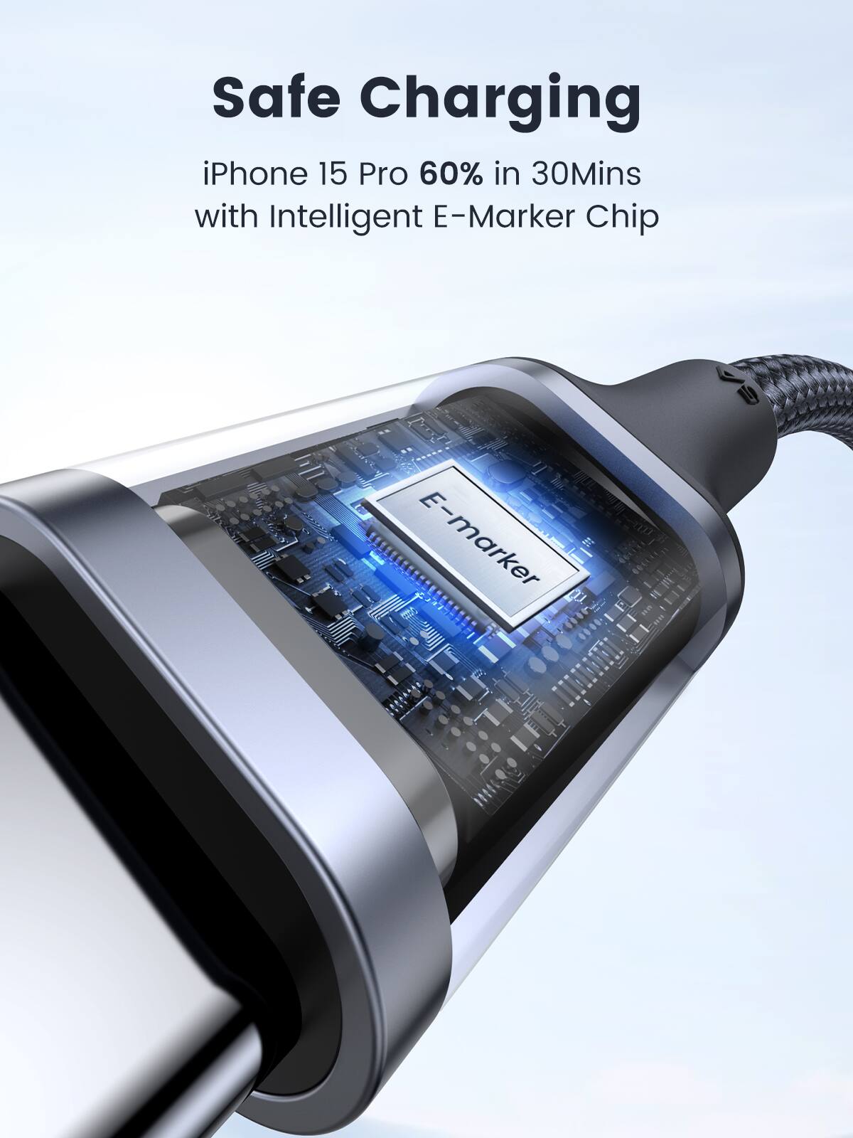 Safe Charging  
iPhone 15 Pro 60% in 30 Mins with Intelligent E-Marker Chip