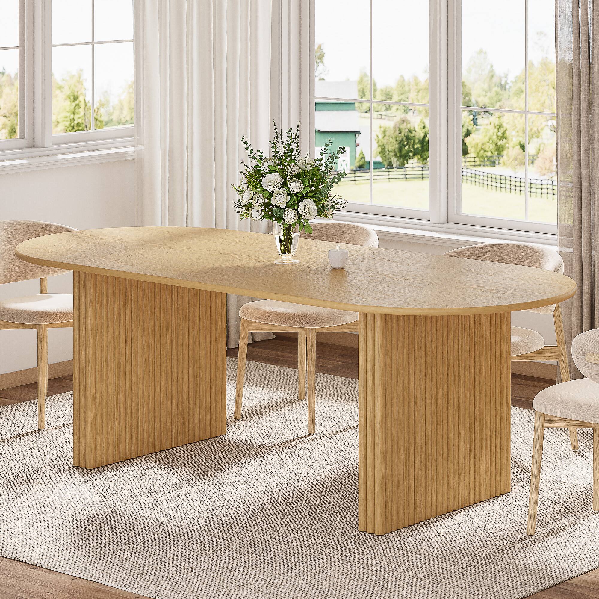 Alt View 2. PexFix - Solid Oak Farmhouse Dining Table for 8, 79" Minimalist Oval Kitchen Table with Double Pedestal Base - Natural.