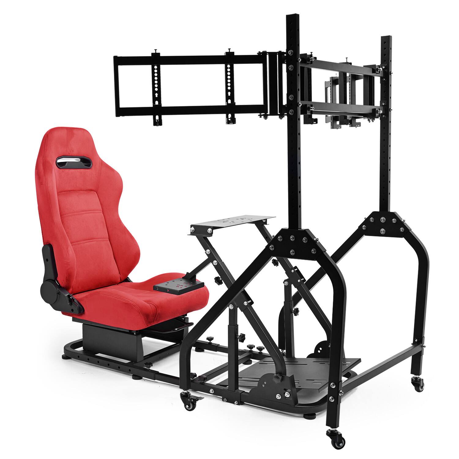 Front. Dardoo - Dardoo Foldable Sim Racing Cockpit, Red Suede Seat & Wheeled Triple Monitor Mount, Wheel Pedals Handbrake Not Included - Black/Red.
