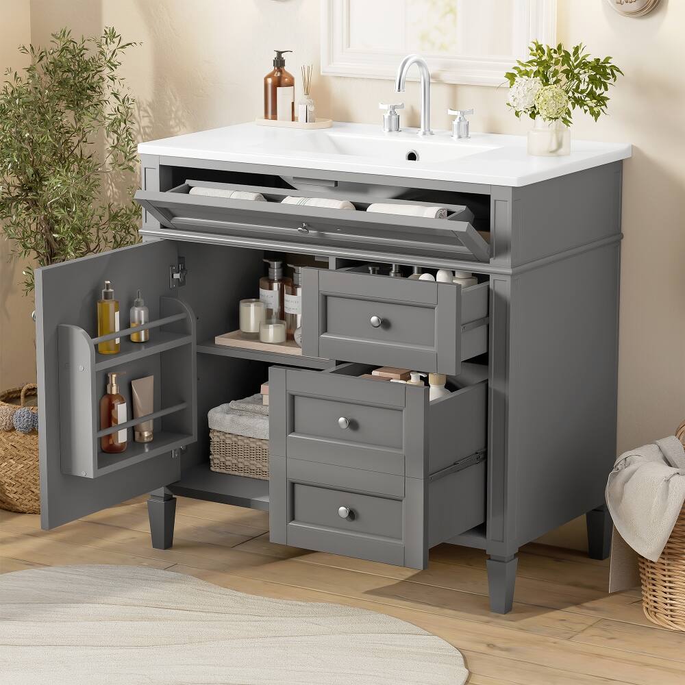 Back. Loheer - Loheer 36 Inch Bathroom Vanity with Sink Grey Single Sink Bathroom Vanity Modern Solid Wood Cabinet - Grey.