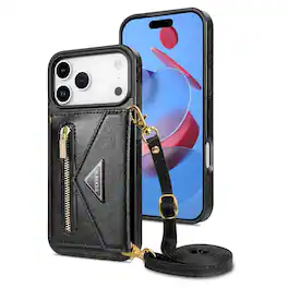 UUCOVER - Wallet Case for Apple iPhone 17 Pro Max with Card Slots Holder, Zipper Pocket and Shoulder Strap, Flip Kickstand Cover - Black