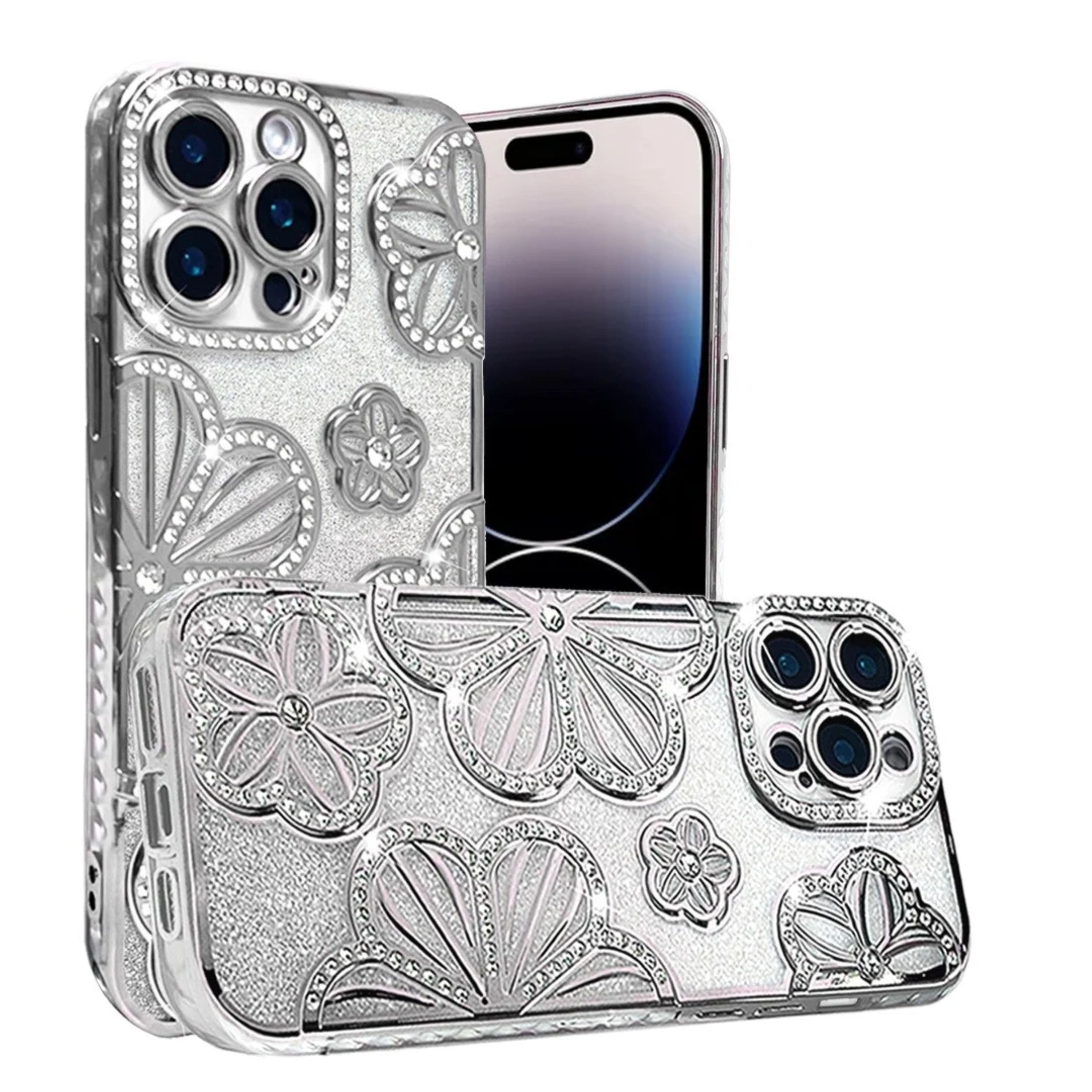 Kitcheniva - 3D Glitter Floral Rhinestone Phone Case For iPhone 14 Pro Max - Silver