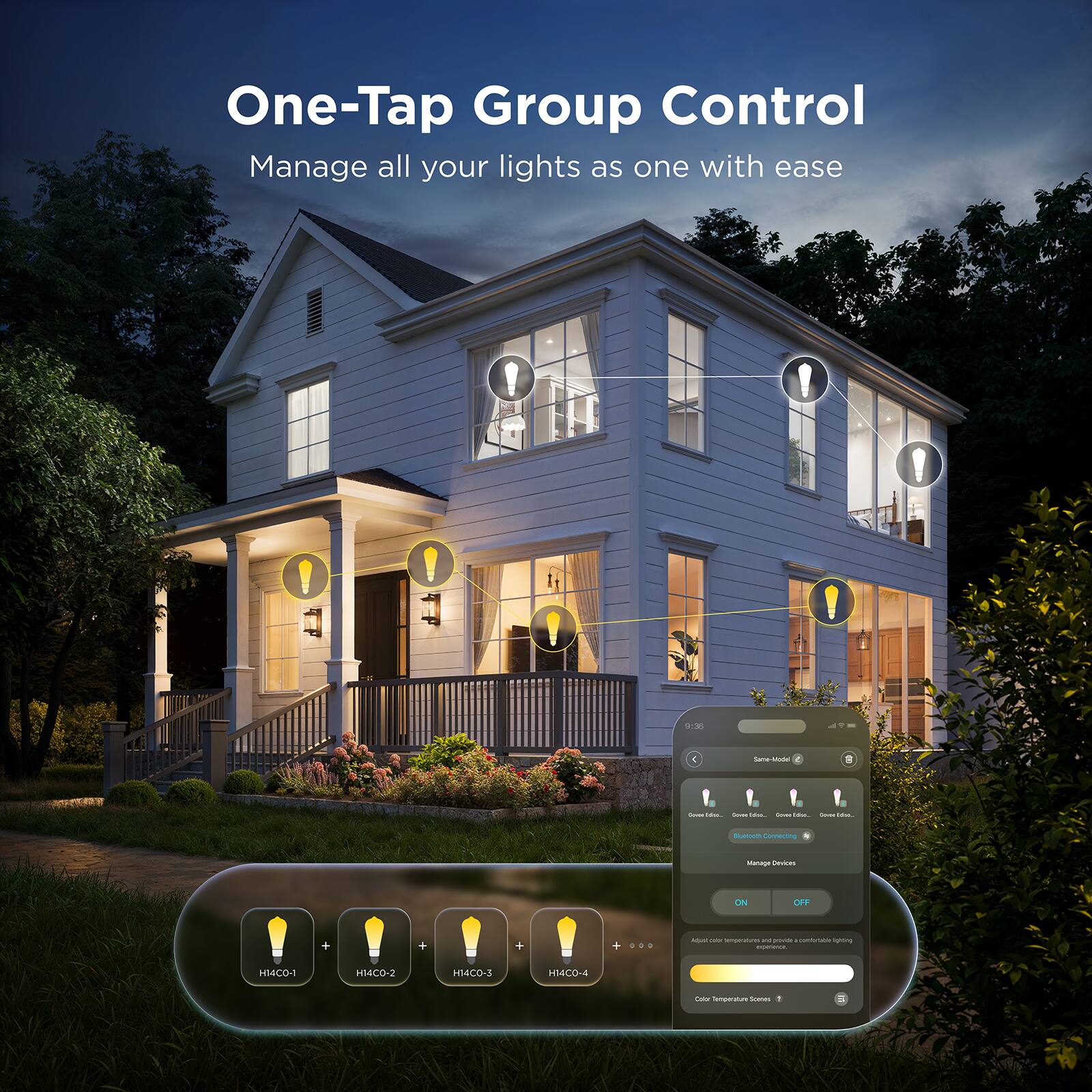 One-Tap Group Control  
Manage all your lights as one with ease  

HM4CO-1  
HM4CO-2  
HM4CO-3  
HM4CO-4