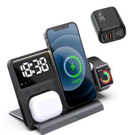 SKRAN - Multi-Function Clock Wireless Charger Stand - Ultra-Thin 5-in-1 Wireless Charger,Magnetic Touch Night Light Charger - Black