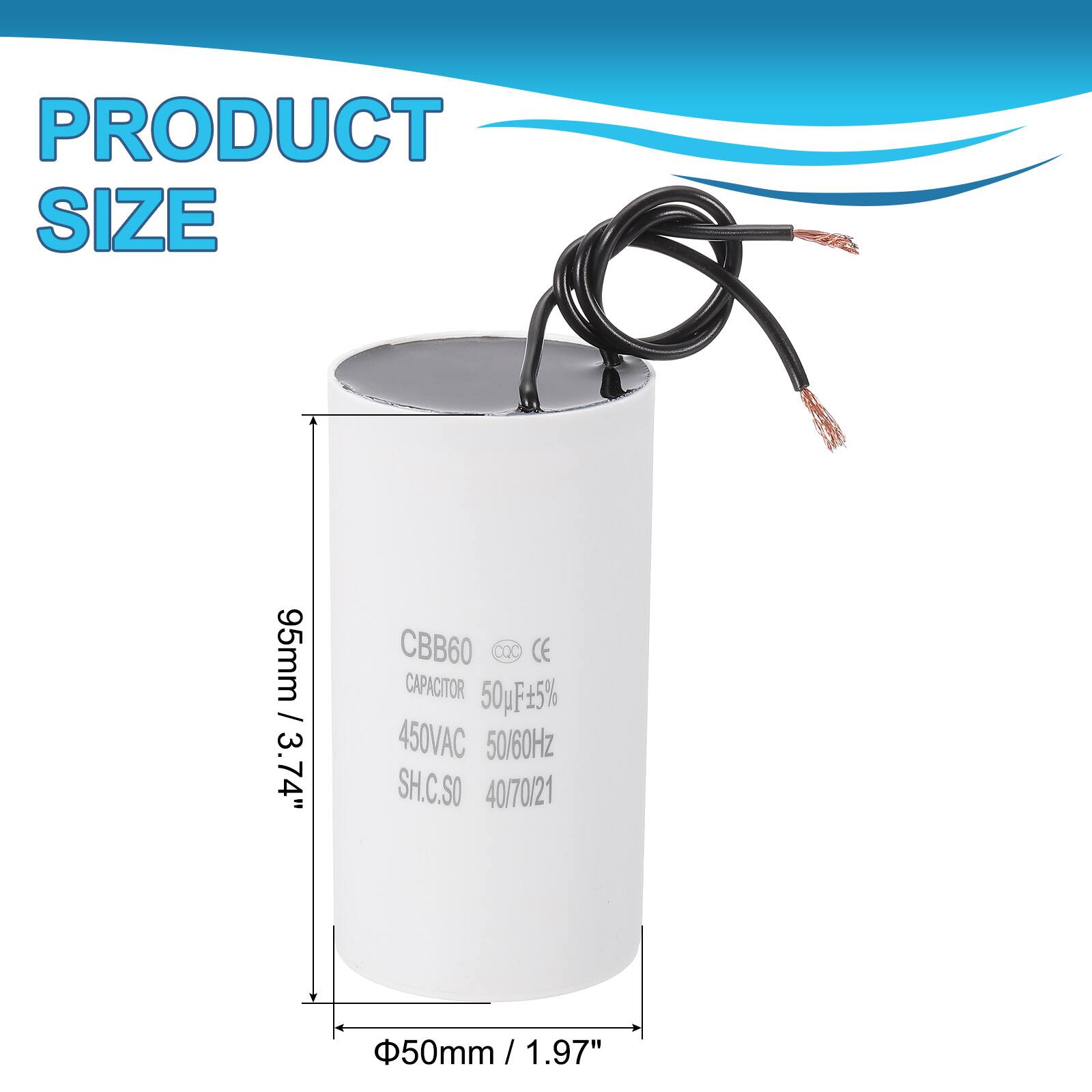 PRODUCT SIZE  
95mm / 3.74"  
CBB60 CXC CE CAPACITOR  
50pF+5% 450VAC 50/60Hz  
SH.C.SO 40/70/21  
50mm / 1.97" x 1.97"
