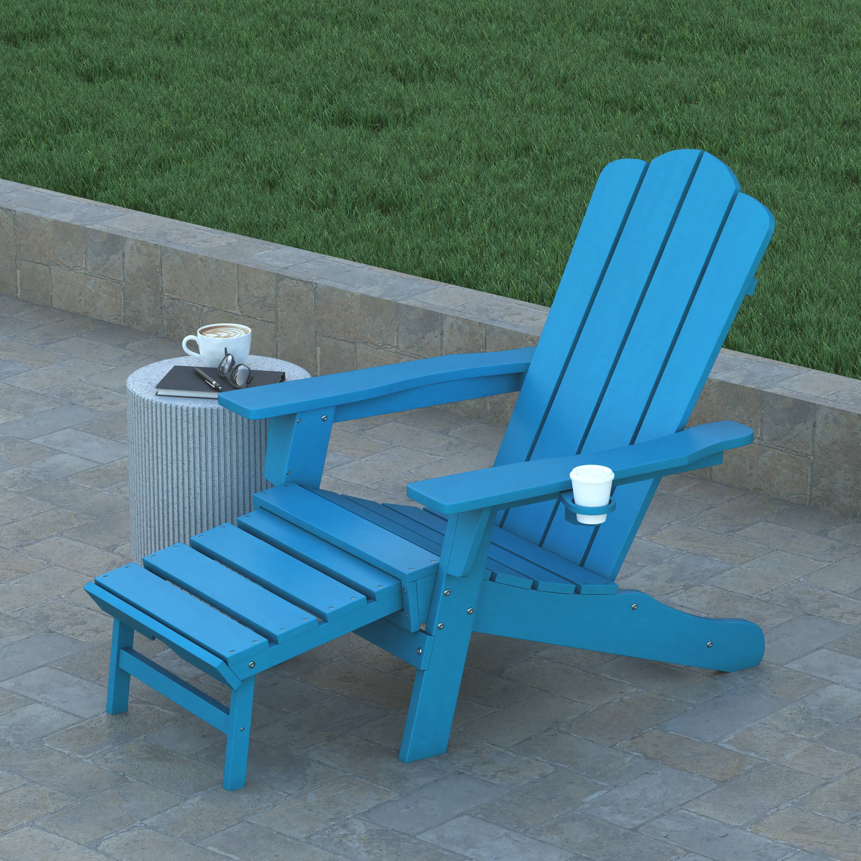 Alt View 4. Emma + Oliver - Haley Set of 2 Adirondack Chairs with Cup Holders and Pull Out Ottoman, All-Weather HDPE Indoor/Outdoor Lounge Chairs - Blue.
