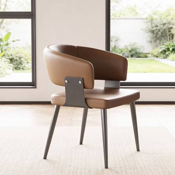 Alt View 3. luck idea - Modern Curved Half Arm Dining Chairs, PU Leather Upholstered Side Chair with Dark Metal Legs for Kitchen Dining Room - brown.