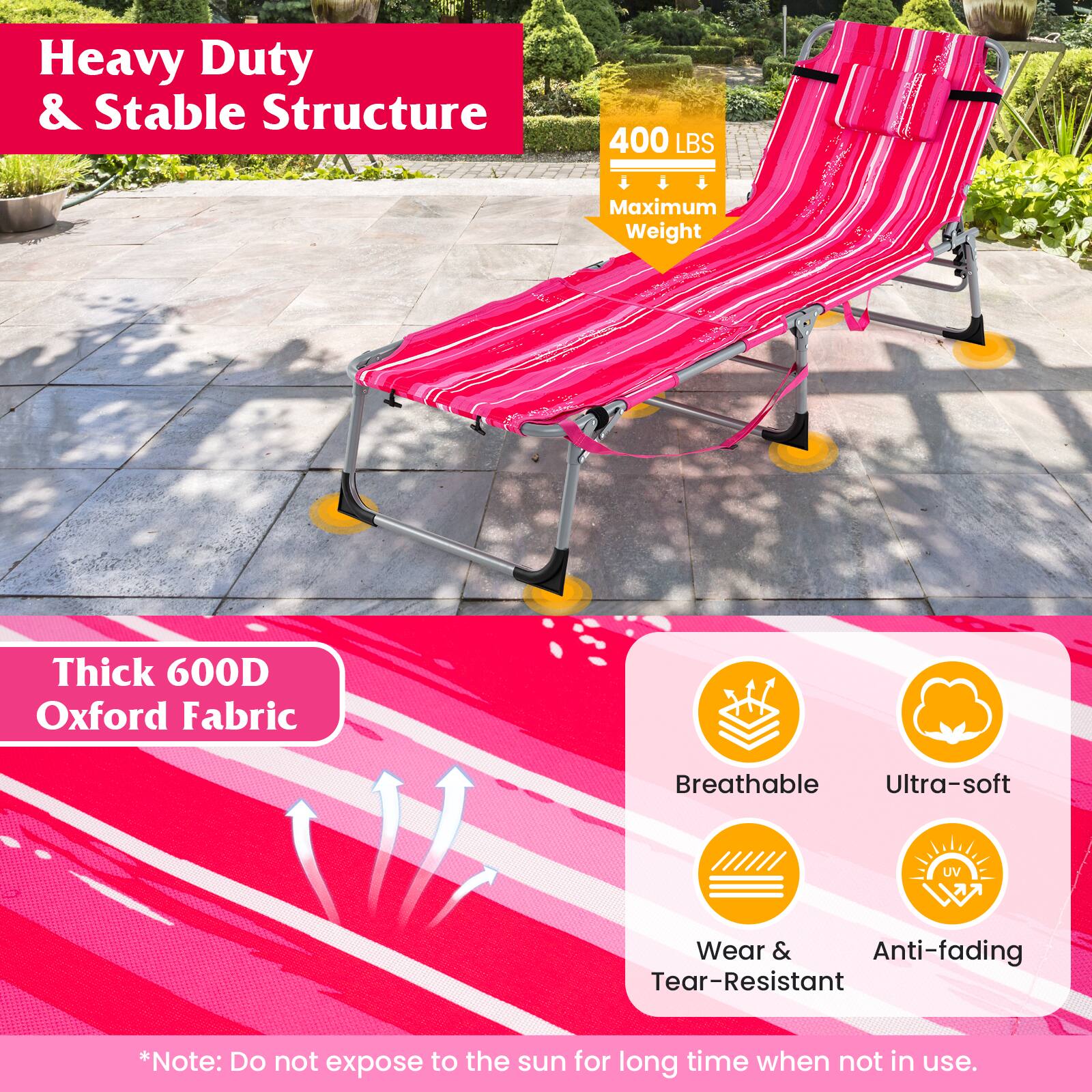 Heavy Duty & Stable Structure, 400 LBS Maximum Weight, Thick 600D Oxford Fabric, Breathable, Ultra-soft, UV, Wear & Tear-Resistant, Anti-fading, *Note: Do not expose to the sun for long time when not in use.