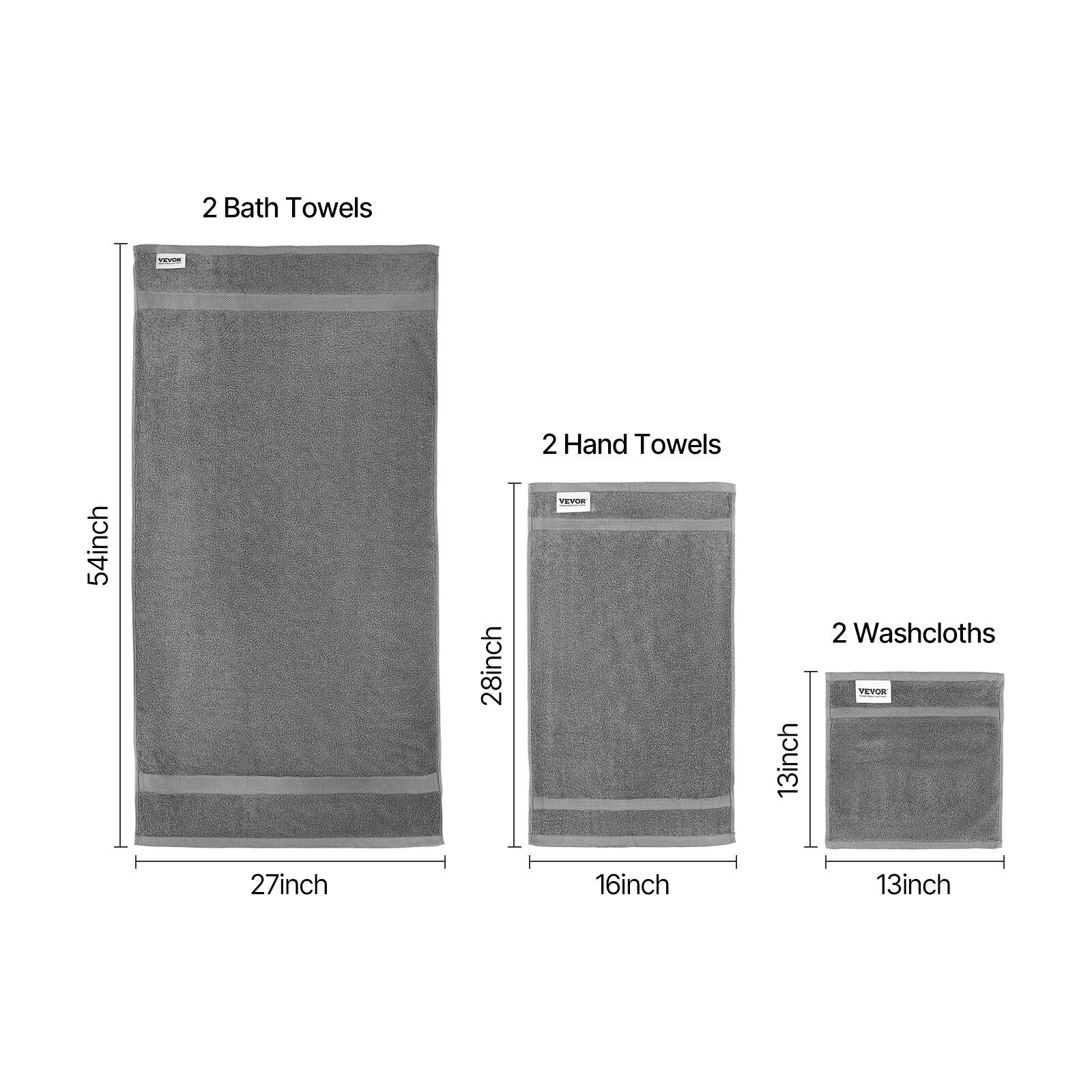 2 Bath Towels  
54inch x 27inch  

2 Hand Towels  
28inch x 16inch  

2 Washcloths  
13inch x 13inch