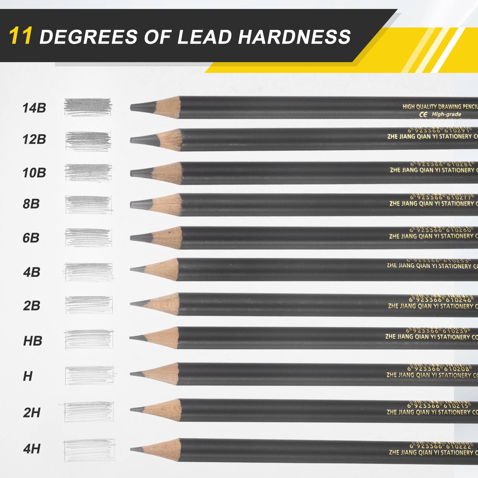 11 DEGREES OF LEAD HARDNESS

14B HIGH QUALITY DRAWING PENCIL CE High-grade
925566 10291 ZHE JIANG QIAN YI STATIONERY

12B
925566 10291 ZHE JIANG QIAN YI STATIONERY

10B
925366-610284 10284 ZHE JIANG QIAN YI STATIONERY

8B
923500 610277 ZHE JIANG QIAN YI STATIONERY

6B
925366 610260 ZHE JIANG QIAN YI STATIONERY

4B
923366 610246 ZHE JIANG QIAN YI STATIONERY

2B
923366 10239 ZHE JIANG QIAN YI STATIONERY

HB
923366 10200 ZHE JIANG QIAN YI STATIONERY