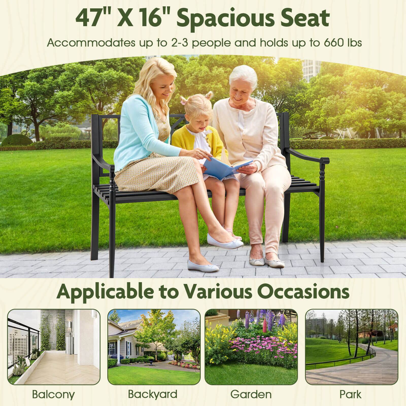 47" X 16" Spacious Seat  
Accommodates up to 2-3 people and holds up to 660 lbs  

Applicable to Various Occasions  
Balcony  
Backyard  
Garden  
Park