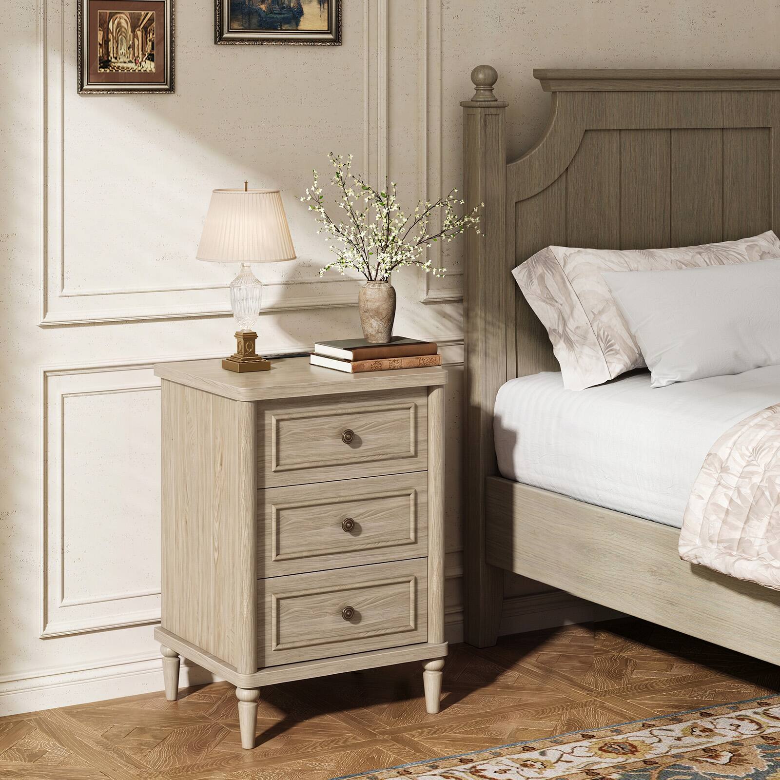 Left. Bestier - 3 Drawer Farmhouse Nightstand, Mid-Century Fluted Bedside Table with Charging Station - Sunlit Oak.
