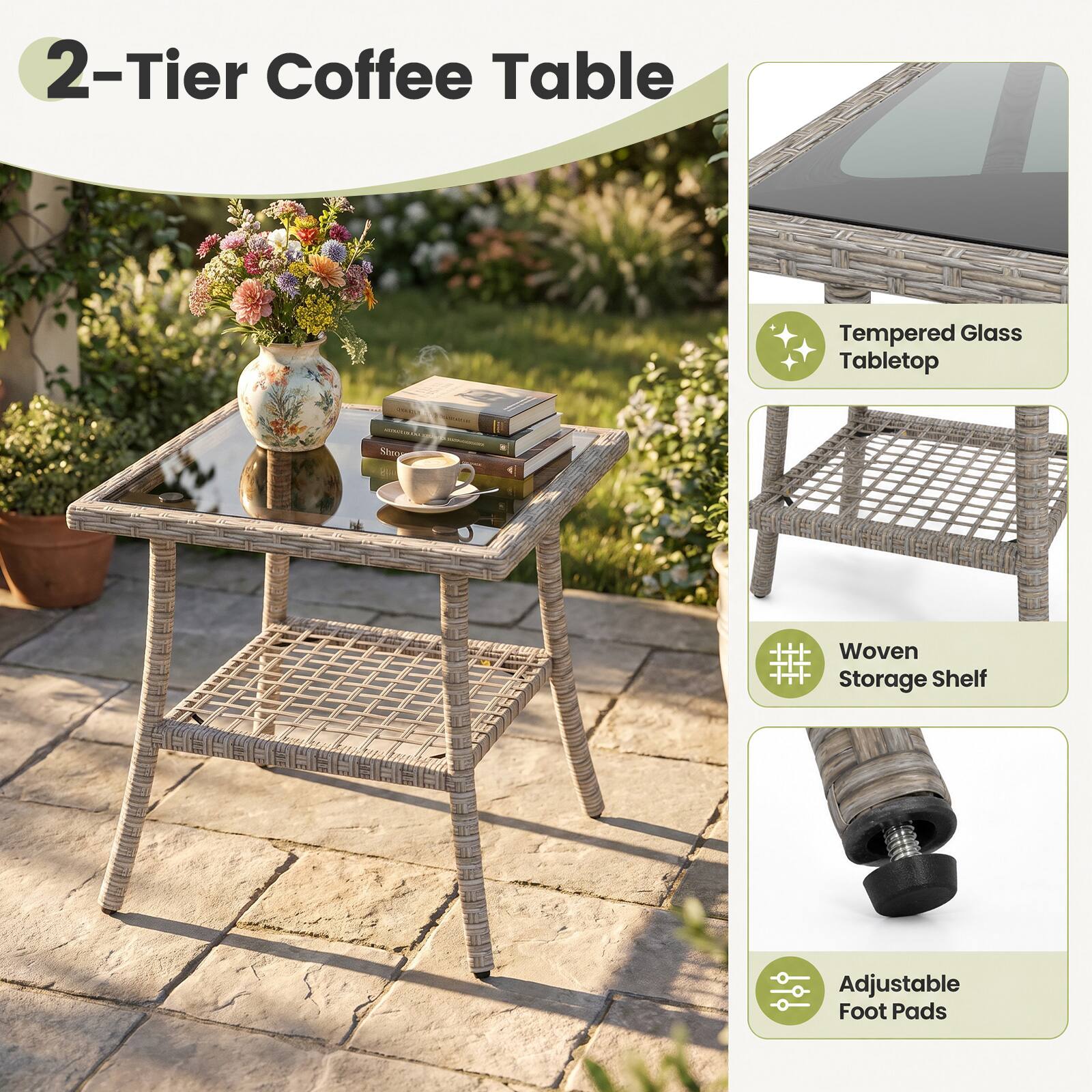 2-Tier Coffee Table  
Tempered Glass Tabletop  
Woven Storage Shelf  
Adjustable Foot Pads