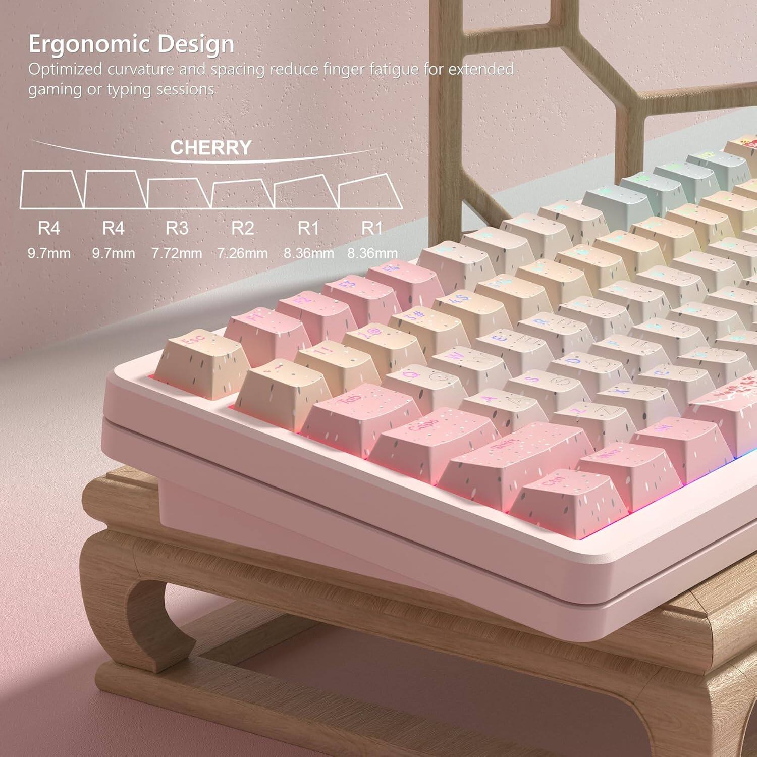 Ergonomic Design  
Optimized curvature and spacing reduce finger fatigue for extended gaming or typing sessions.

CHERRY  
R4 9.7mm  
R4 9.7mm  
R3 7.72mm  
R2 7.26mm  
R1 8.36mm  
R1 8.36mm