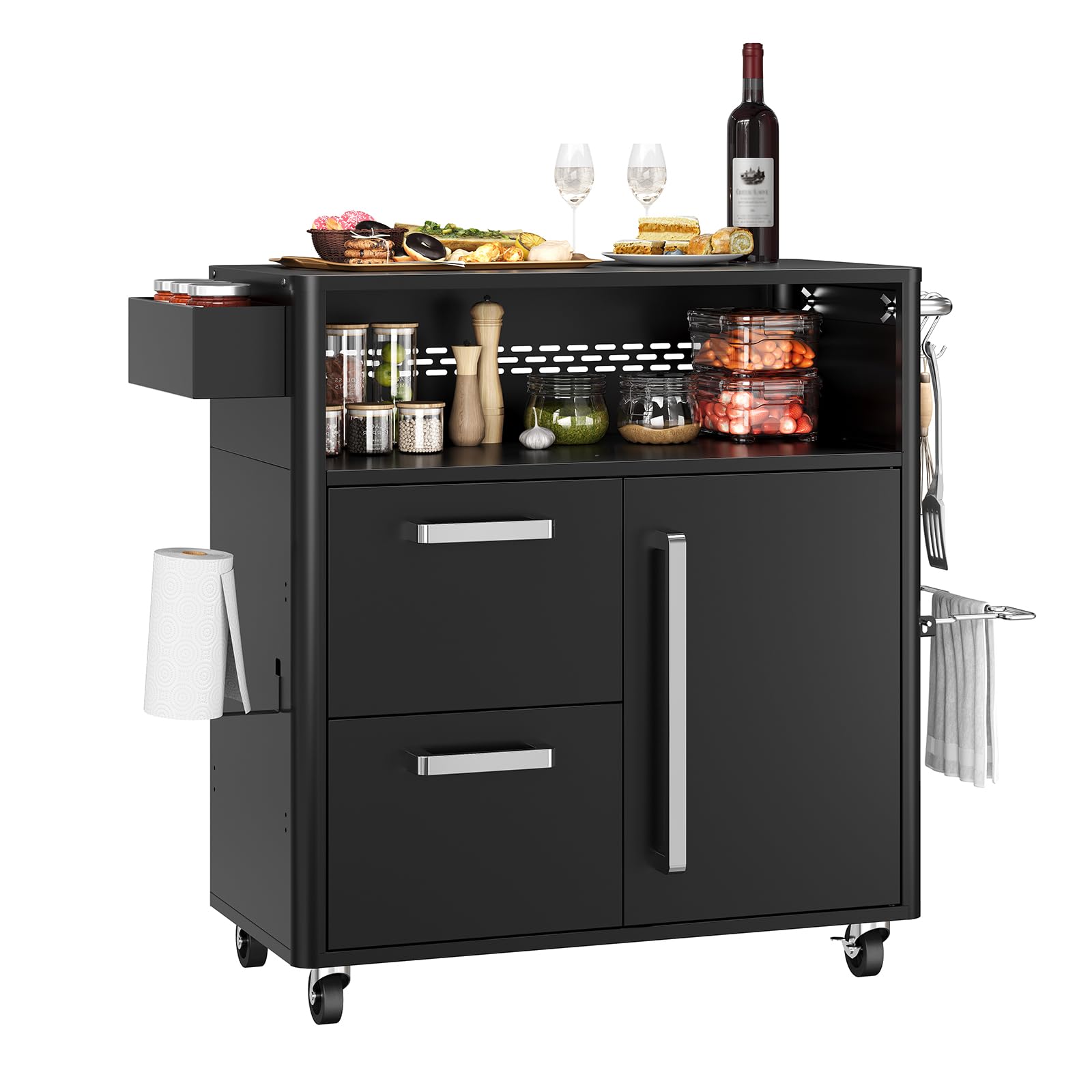 Jojoka - Outdoor Grill Cart with Storage, Kitchen Cart Island Stainless Steel Food Prep Table & Wheels for BBQ or Pizza Oven - Black