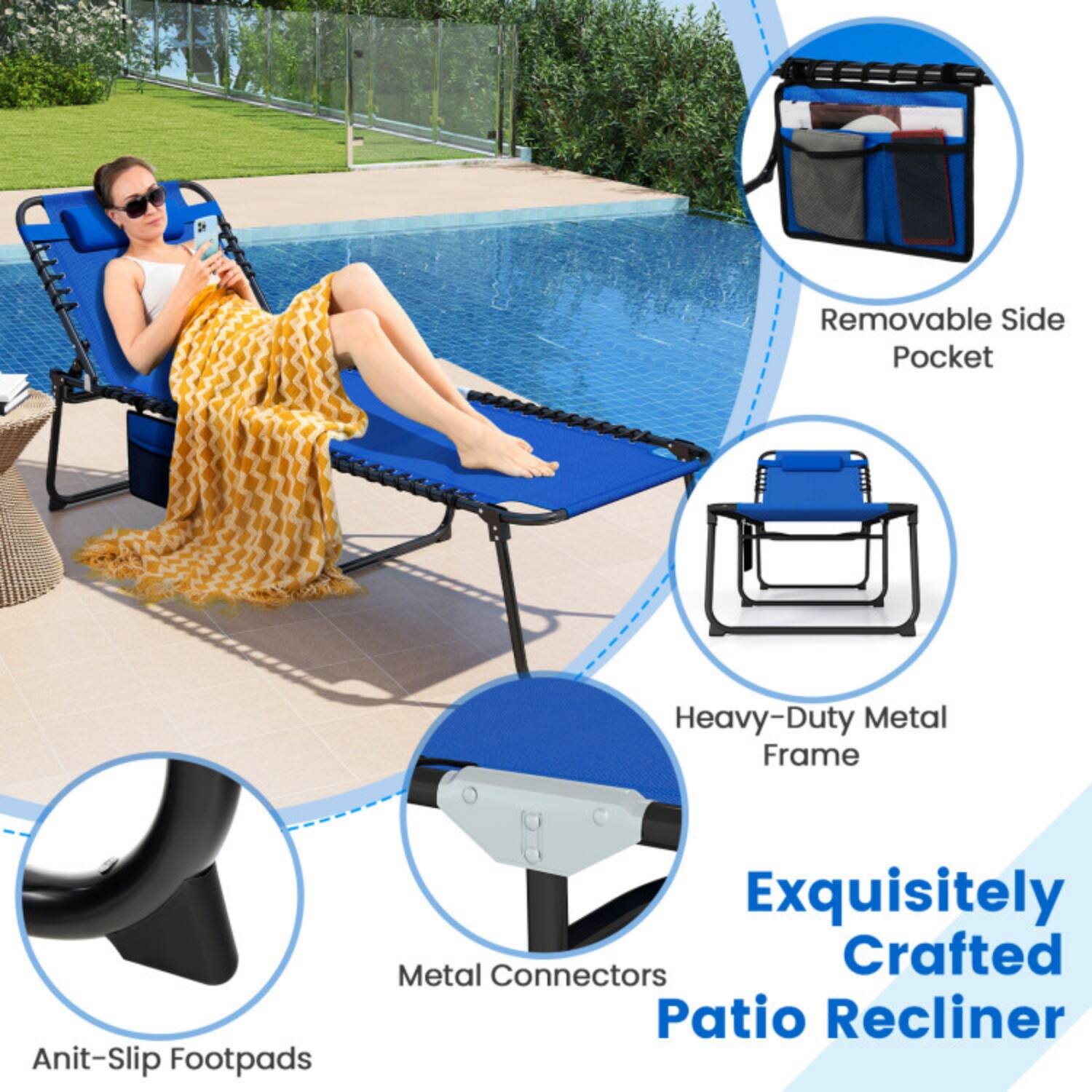 Exquisitely Crafted Patio Recliner

- Removable Side Pocket
- Heavy-Duty Metal Frame
- Metal Connectors
- Anti-Slip Footpads
