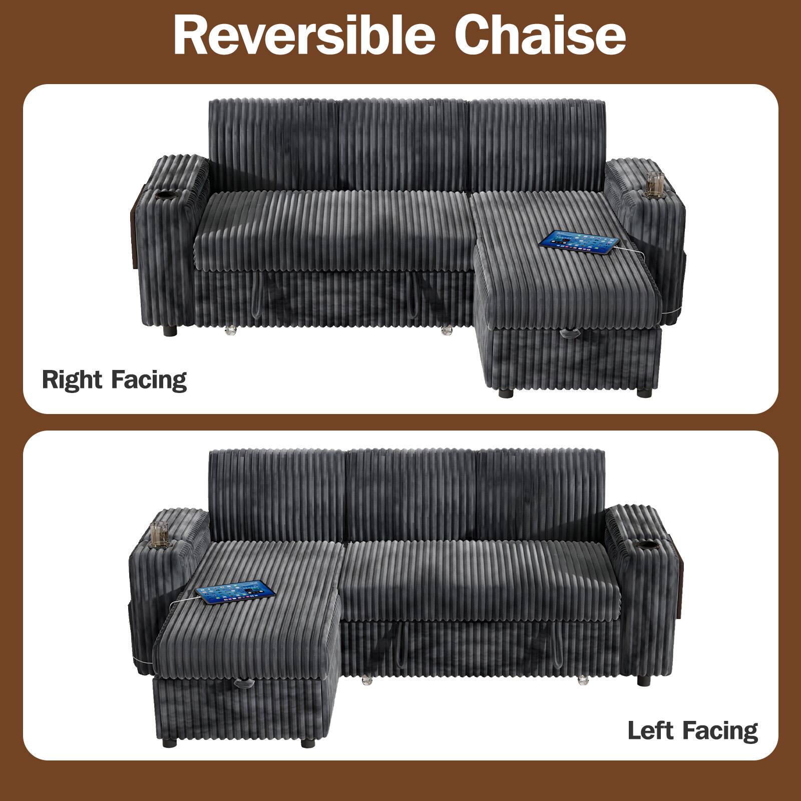 Alt View 2. Vipbear - Vipbear 85" Modular Sectional Sleeper Sofa with Pull Out Bed, 5 Seat L Shaped with Reclining Backrest,Corduroy Gray - Gray.