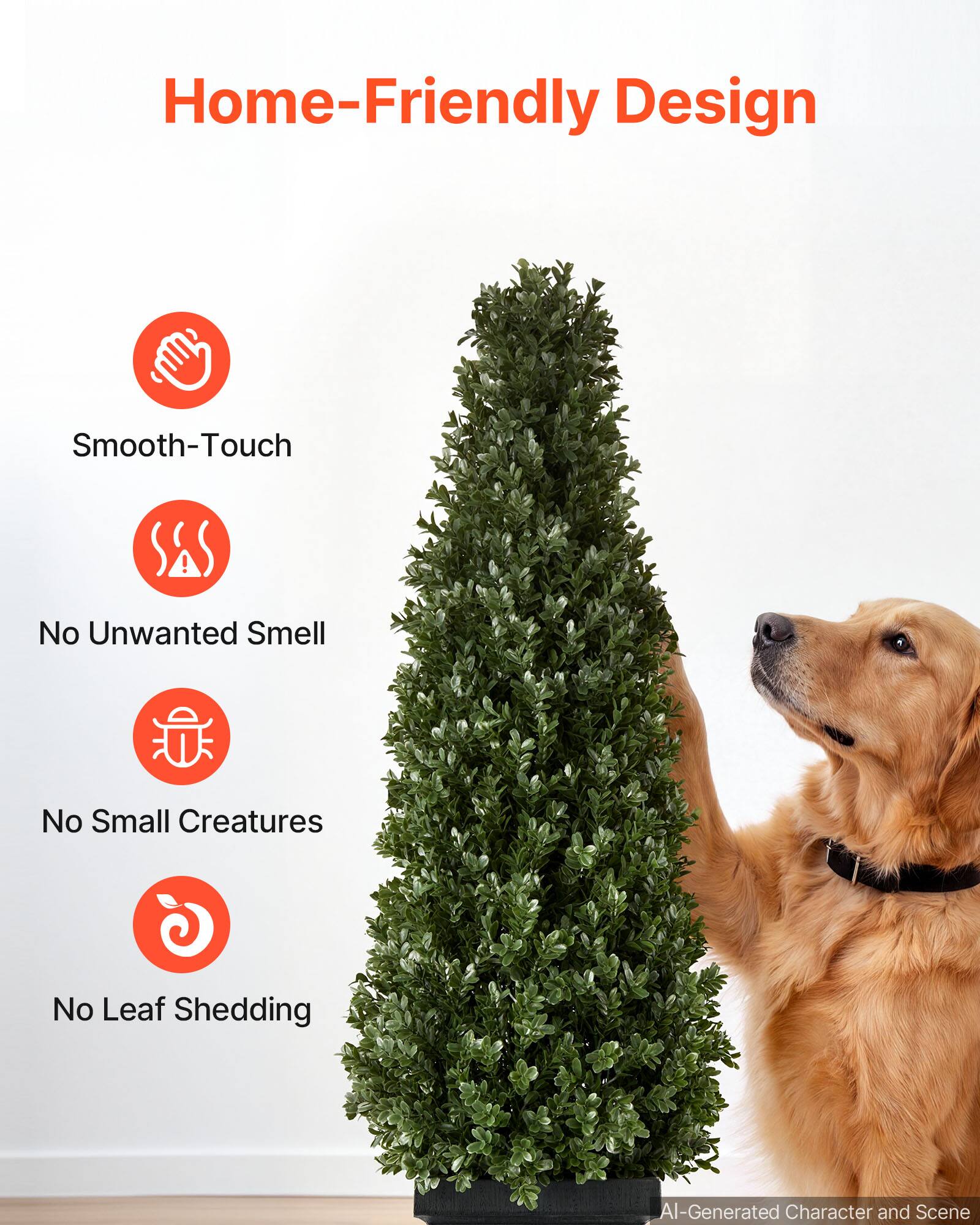 Home-Friendly Design

- Smooth-Touch
- No Unwanted Smell
- No Small Creatures
- No Leaf Shedding

AI-Generated Character and Scene