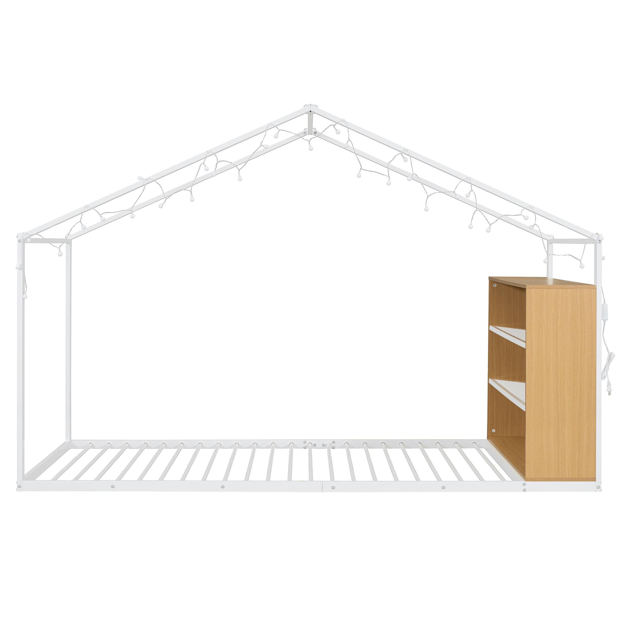 Back. GOODSILO - Twin Size Metal Bed House Bed Frame with Shelves and Lights - White.