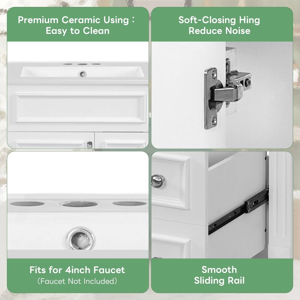 Premium Ceramic Using: Easy to Clean  
Soft-Closing Hinge Reduce Noise  
Fits for 4inch Faucet (Faucet Not Included)  
Smooth Sliding Rail