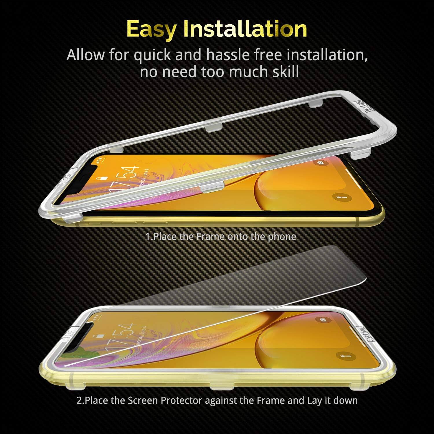 Easy Installation  
Allow for quick and hassle-free installation, no need too much skill

1. Place the Frame onto the phone
2. Place the Screen Protector against the Frame and Lay it down