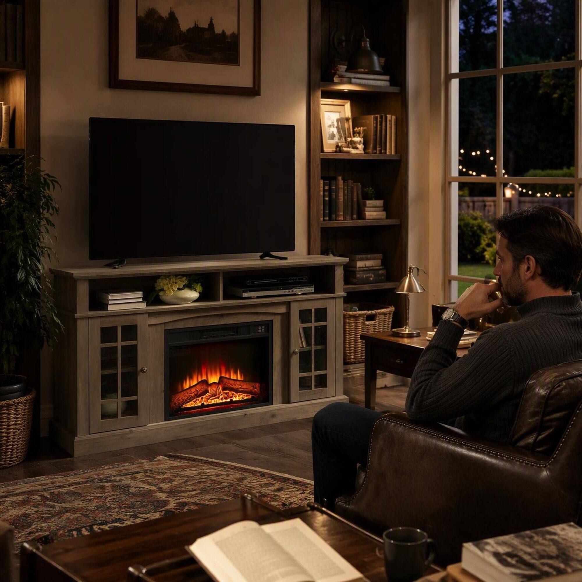 Left. RYHNUYNE - Gray Wash Media Console with Built-In Electric Fireplace, Fits TVs Up to 65 Inches, Open Shelving - Gray.