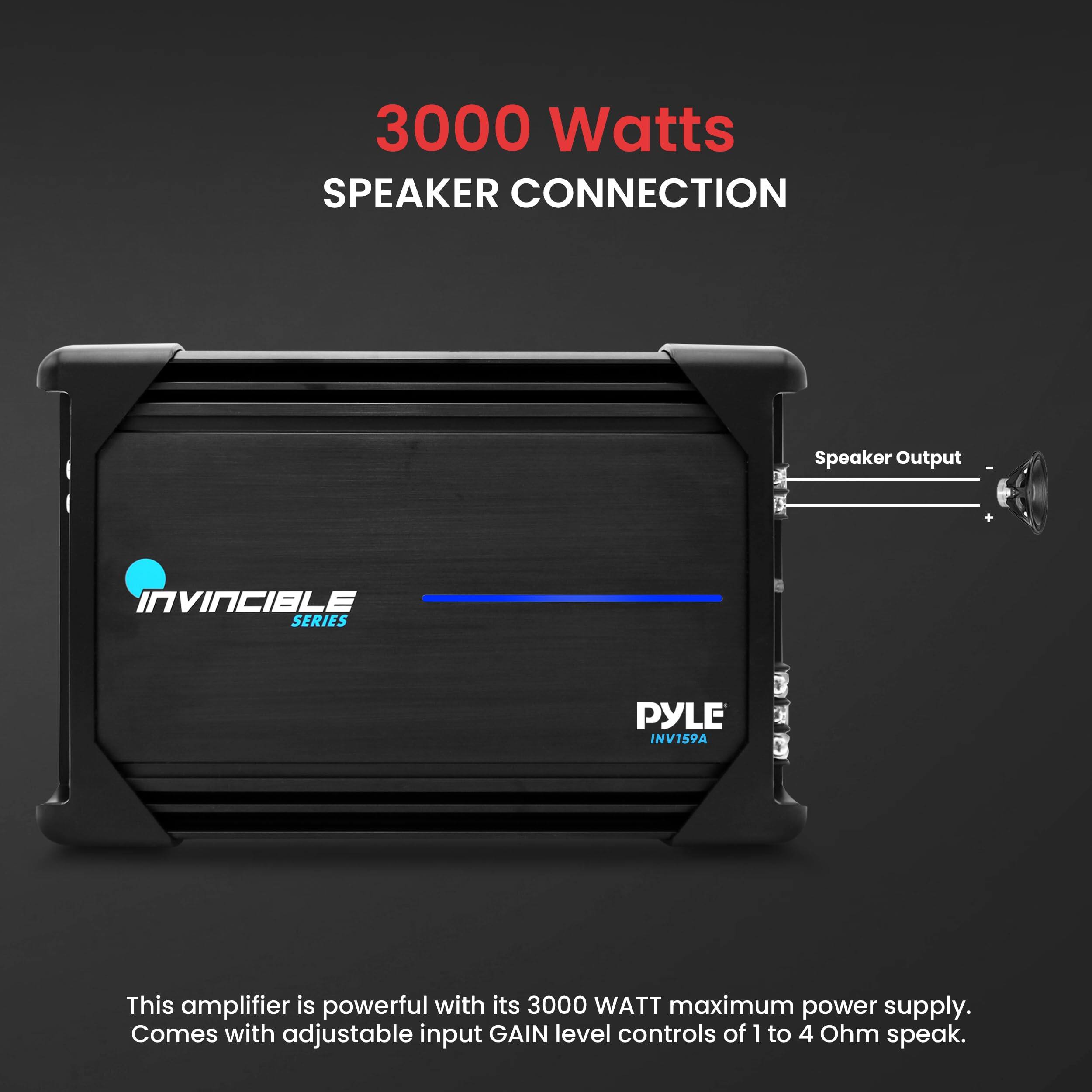 3000 Watts SPEAKER CONNECTION

Speaker Output

INVINCIBLE SERIES PYLE INV159A

This amplifier is powerful with its 3000 WATT maximum power supply. Comes with adjustable input GAIN level controls of 1 to 4 Ohm speak.