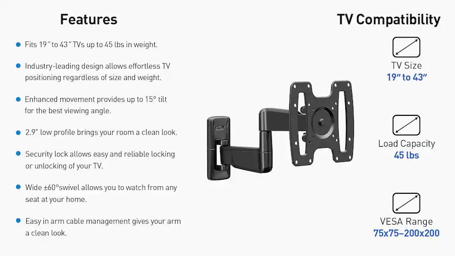 ErgoAV 19″ 43″ Full Motion TV Mount Black ERMMS3-01B - Best Buy