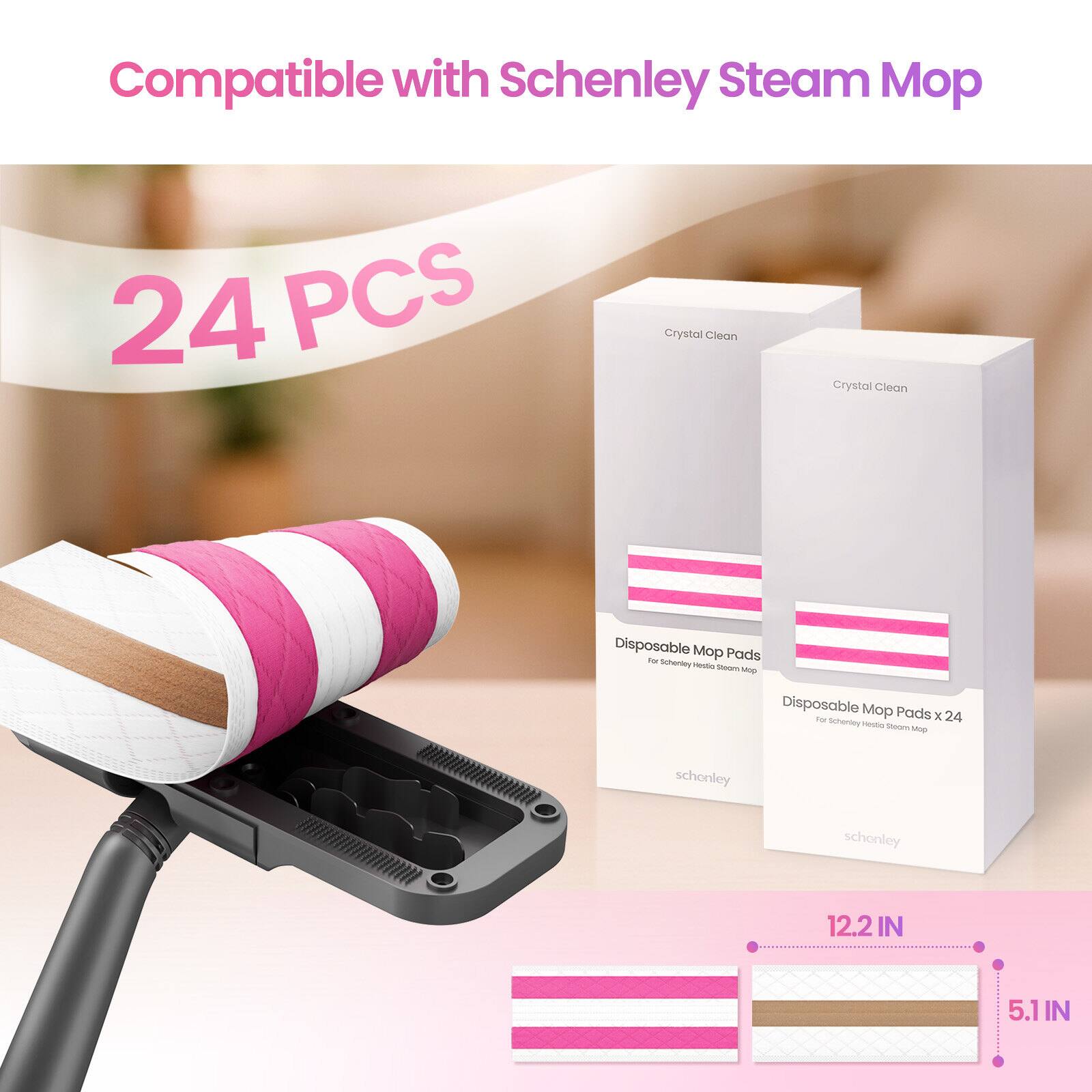 Compatible with Schenley Steam Mop

24 PCS

Crystal Clean Disposable Mop Pads x 24

12.2 IN x 5.1 IN