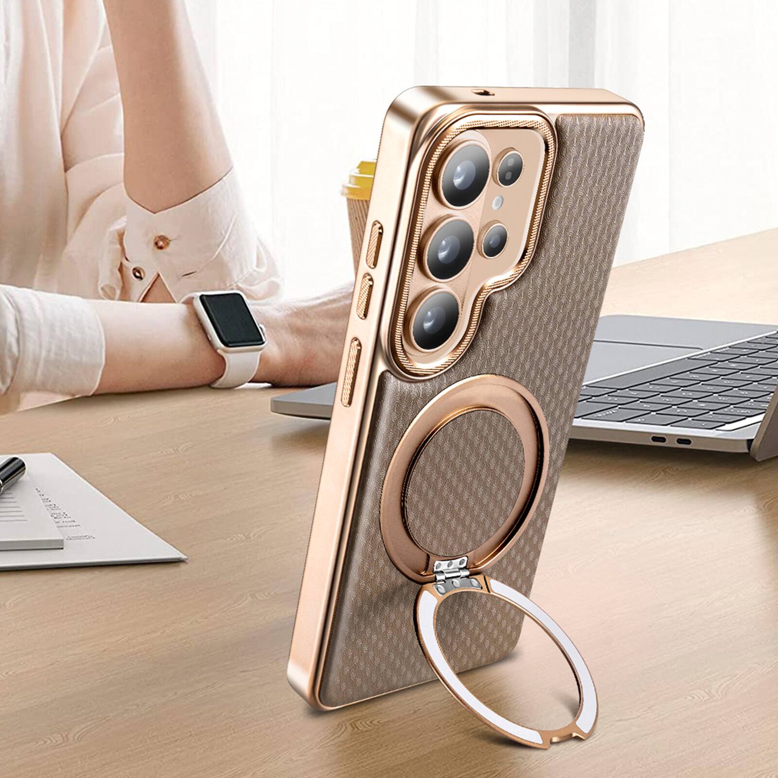 Alt View 8. Dteck - Shockproof Magnetic Case for Samsung Galaxy S26 Ultra with 360 Rotating Ring Stand, Electroplated Frame Protective Cover - Brown.