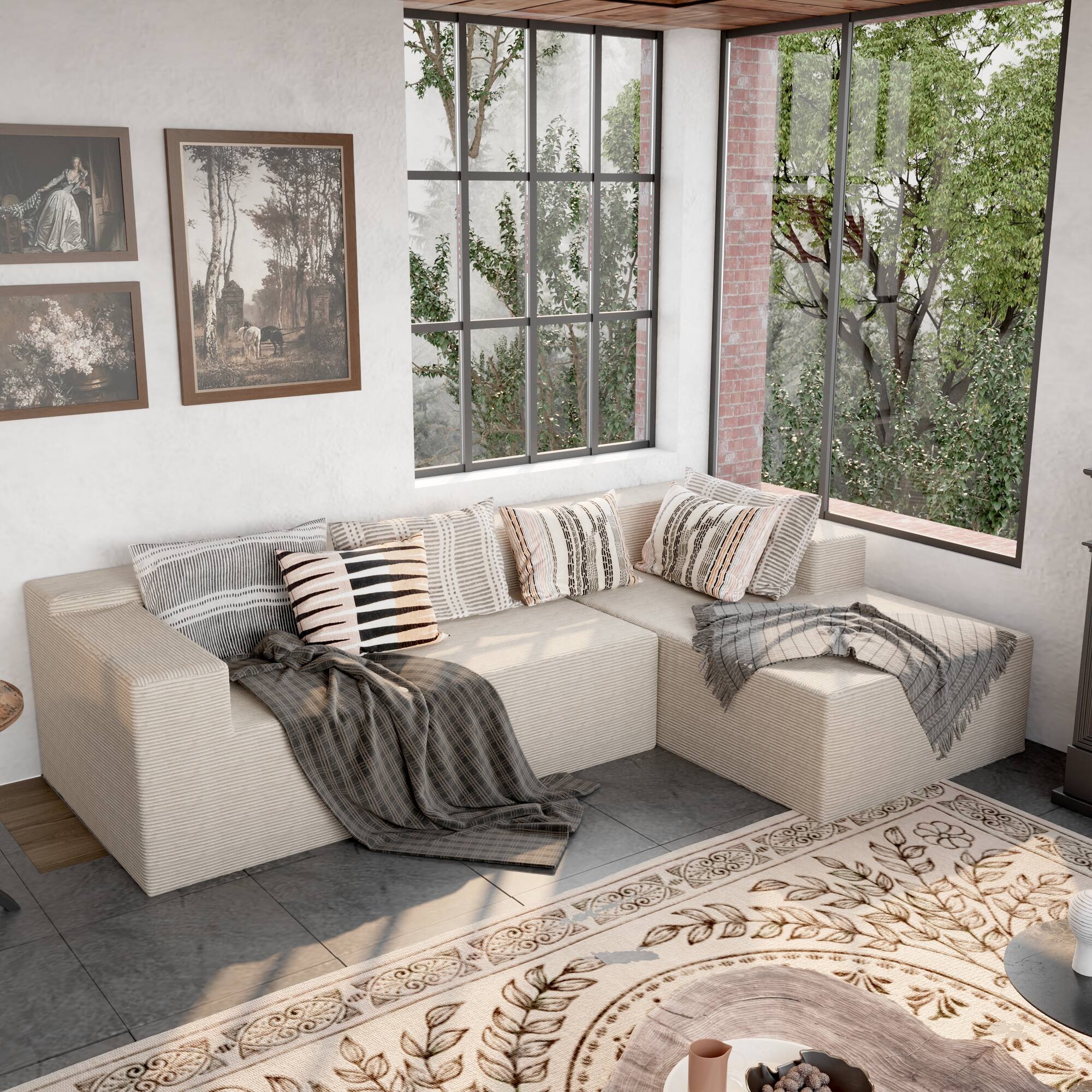 Alt View 2. FUFU&GAGA - Beige Corduroy L-Shaped Sectional Sofa with Chaise, High-Resilience Foam Cushions and Throw Pillows - Beige.