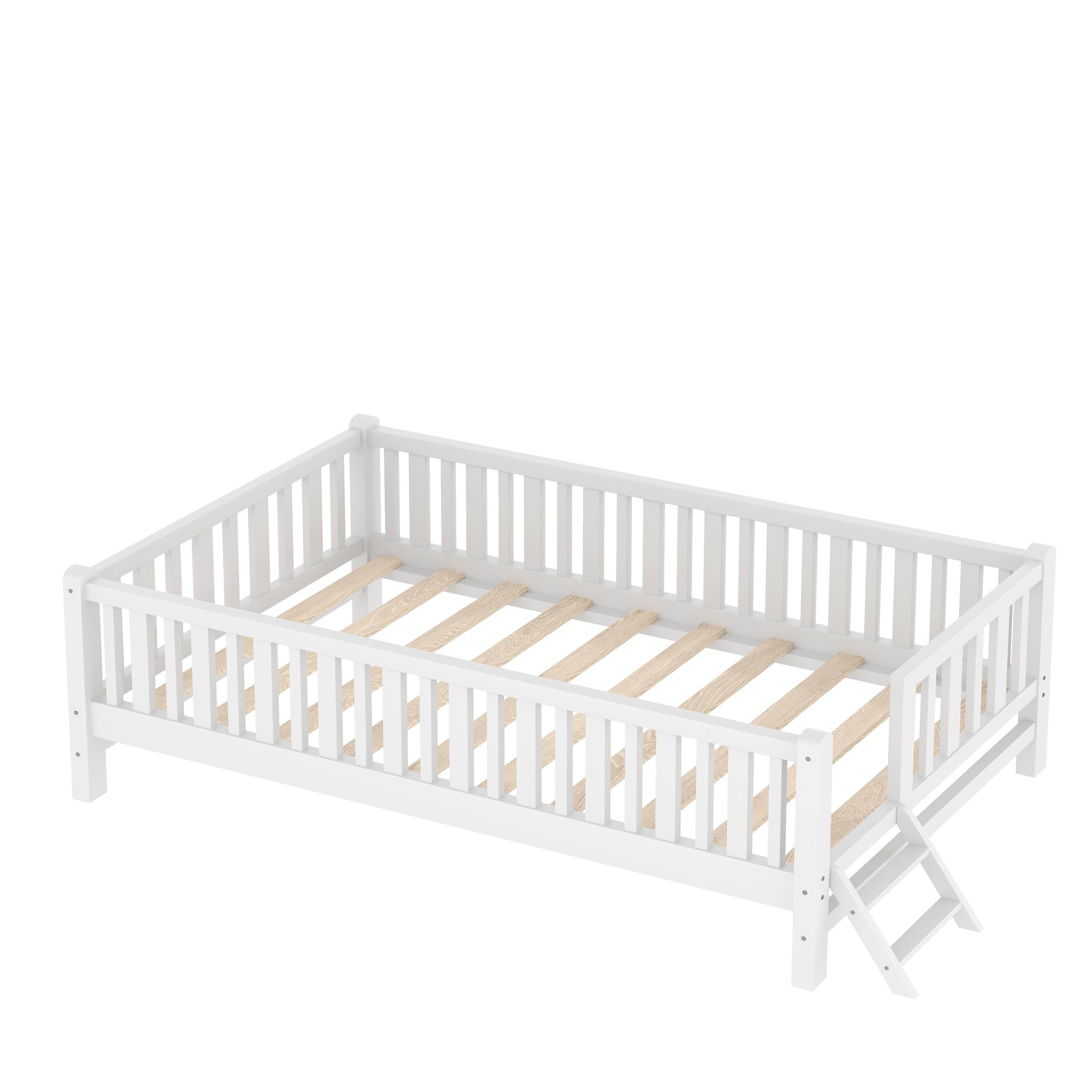 Angle. Whisen - Twin Size Wood Platform Bed with Full-Surrounding Guardrails, Sturdy Kids' Bed Frame - White.
