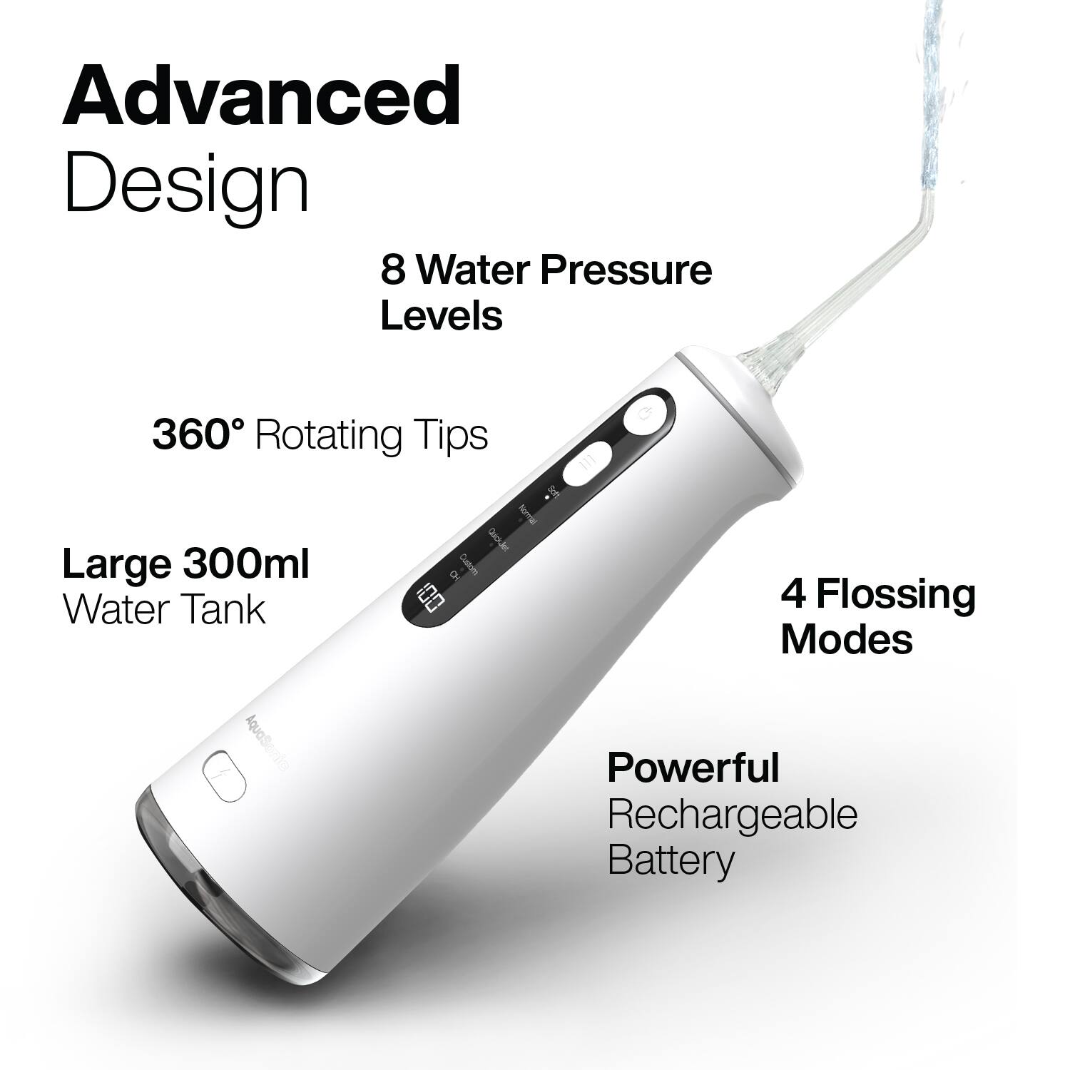 Advanced Design  
8 Water Pressure Levels  
360° Rotating Tips  
Large 300ml Water Tank  
4 Flossing Modes  
Powerful Rechargeable Battery